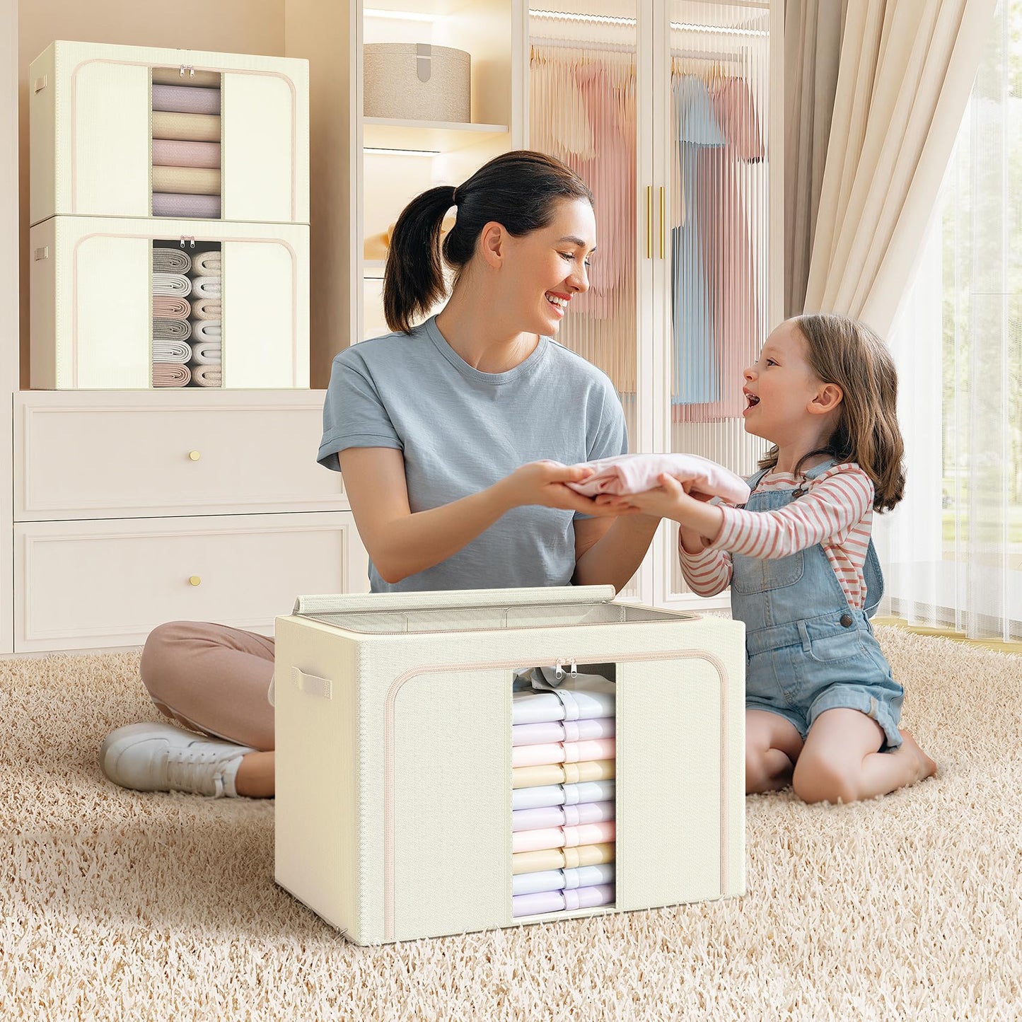 LeArex Clothes Storage Bins with Metal Frame, Foldable Clothes Organizers Storage Containers for Clothes, Sheets, Blankets, Pillows and Towels (66L, 3 Pack) Beige