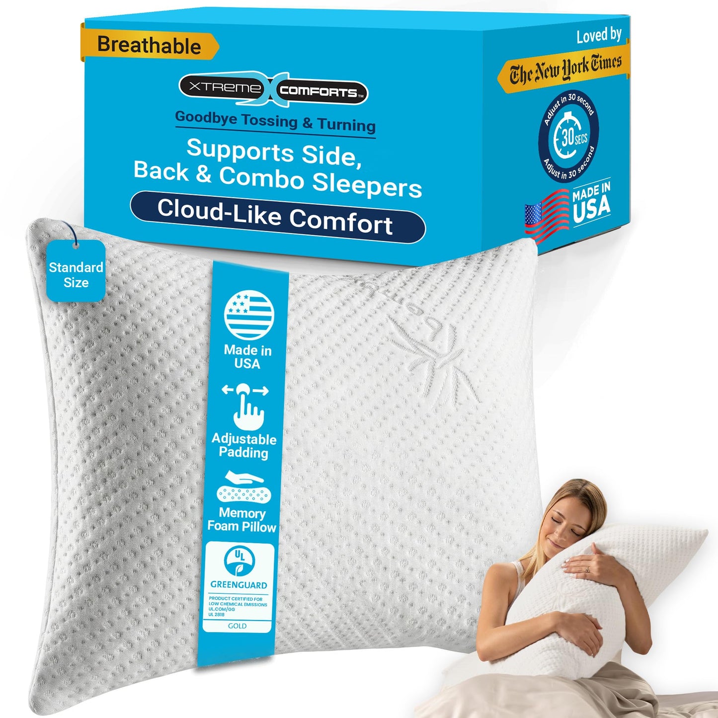 Xtreme Comforts Standard Bed Pillow for Sleeping | Adjustable Shredded Memory Foam Pillows with Removable Cooling Cover | Fluffy Pillows Support for Side, Back & Stomach Sleepers