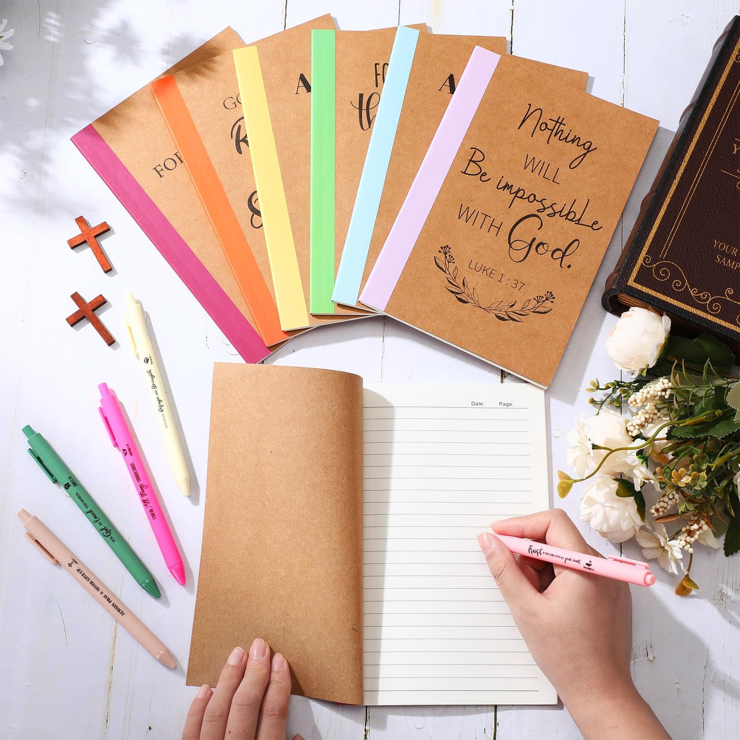Resurhang 30 Set Christian Notebook and Pen Gift Set Bulk A5 Composition Journal Bible Verse Pen Religious Lined Notepad Scripture Notepad for Teacher, Church, Nurse, Graduation (Rainbow)