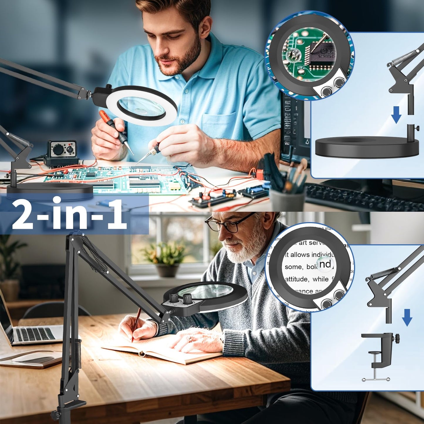 HITTI 12X & 30X Magnifying Glass with Light, Infinite Color and Brightness Desk Lamp & Clamp, 2-in-1 LED Lighted Magnifier Stand for Craft Reading Hobby Soldering Puzzle (12X & 30X Ring Base & Clamp)