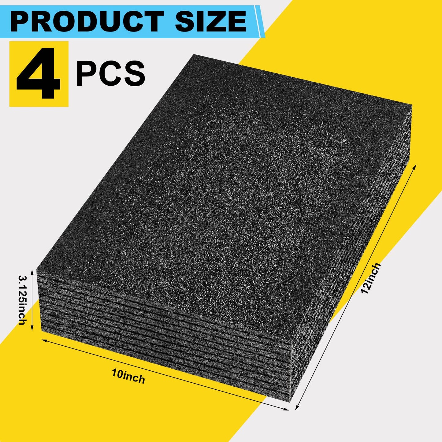 Hoolerry 4 Pcs Customizable Polyethylene Foam Packing Inserts for Cases Thick Polyethylene Foam Sheet for Packaging and Crafts (12" X 10" X 3.125",Black)