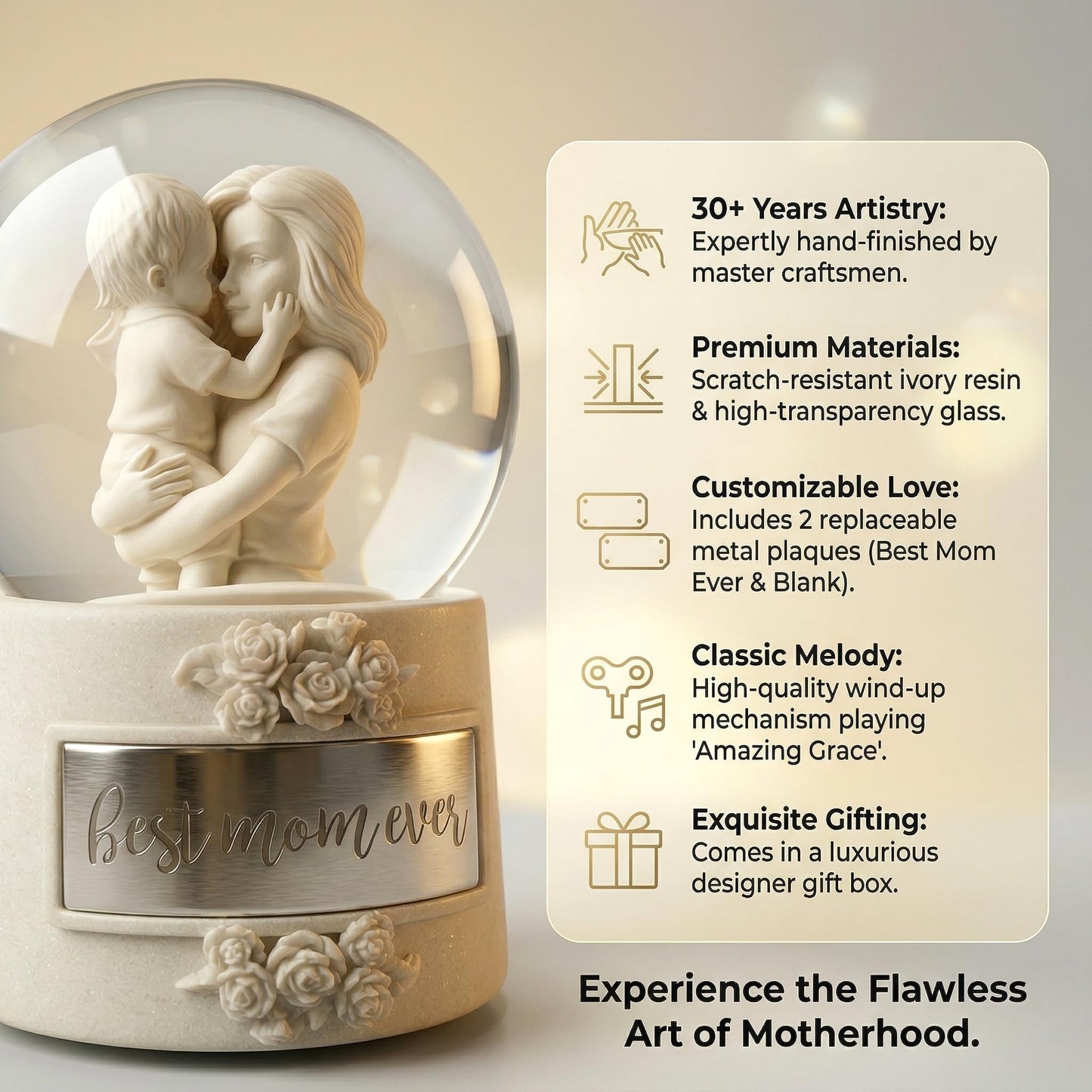 Mom Snow Globe Music Box, Wind-up Musical Water Globe with Mother and Son Figurine and Best Mom Ever Plaque, Mothers Day Birthday Gift for Mom from Daughter Son