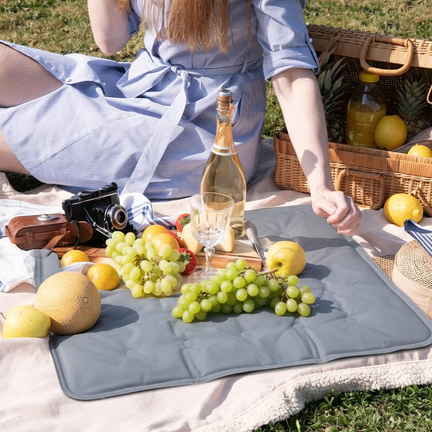 Reallnaive 2 Pcs Reusable Freezable Ice Mat for Buffet Table Chilled Serving Tray Party 19.69 x 15.75 Inches Charcuterie Cooler Cooling Trays for Food, Cheese(Gray)