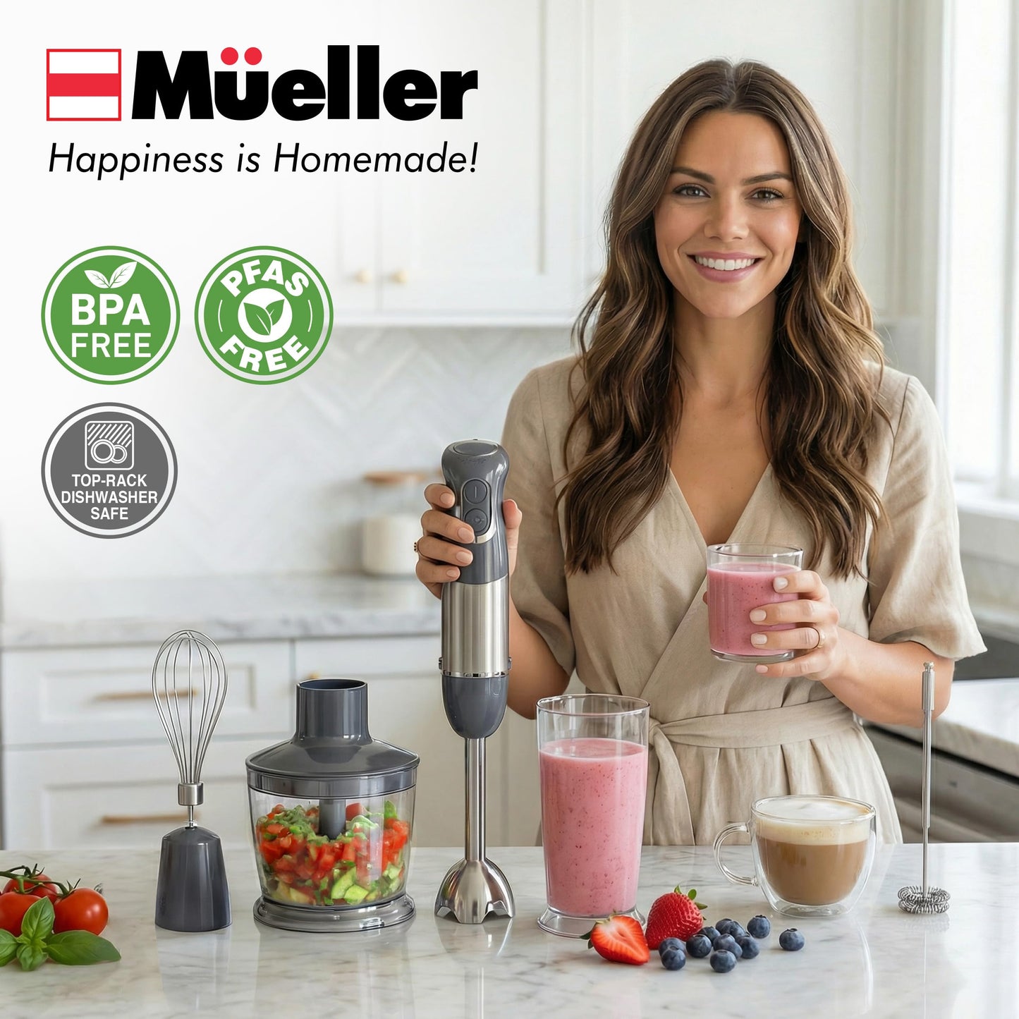 Mueller Multistick 5-in-1 Immersion Blender Handheld,12 Speed Hand Mixer-Turbo Boost,Heaviest Duty Copper Motor,Titanium reinforced Blades Hand Blender,Milk Frother Wand,Whisk,Beaker,Chopper,Grey
