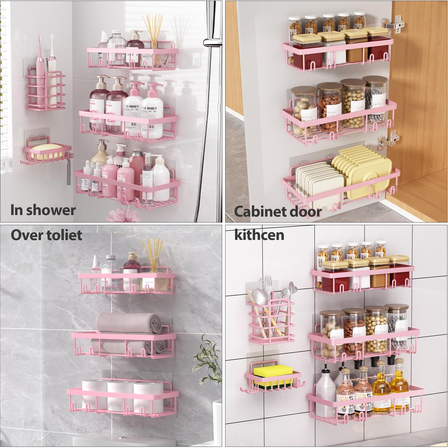Liuoud 5 Pack Shower Caddy Organizer Rack Shelf for Inside Shower, Adhesive Bathroom Wall Storage Basket Rustproof Stainless Steel Shampoo Holder, Girly Bathroom Accessory Decor Set, Pink