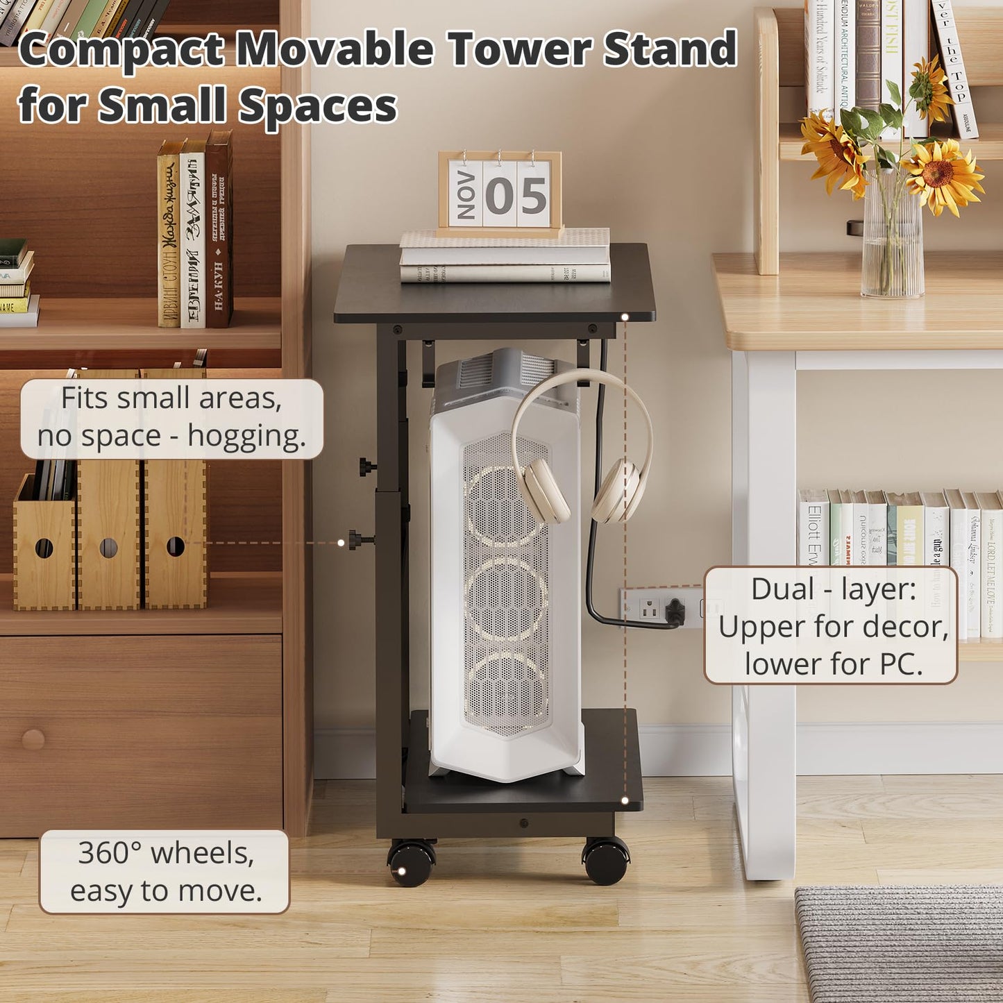 HavenlyYouth 2-Tier Computer Tower Stand with Power Outlet, Height Adjustable PC Tower Stand with Wheels, ATX-Case CPU Holder Cart with Hooks for Home, Office, Gaming (Black)
