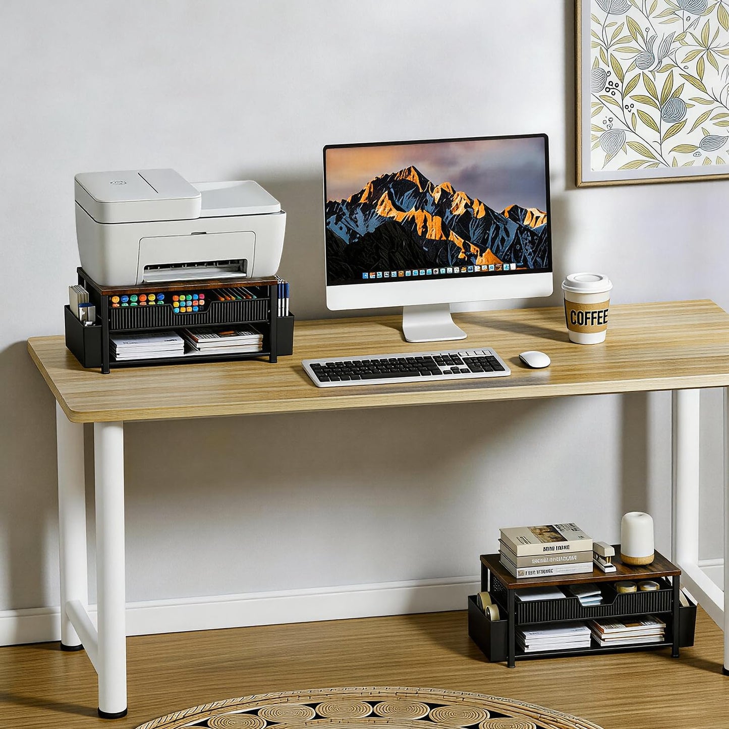 Gugsey Printer Stand for Desk, Desk Organizer with Storage, Desktop Printer Table for Home Office, Multi-Purpose Shelves for Home Printer, Fax Machine, Scanner, Die-Cut Machine (Brown)