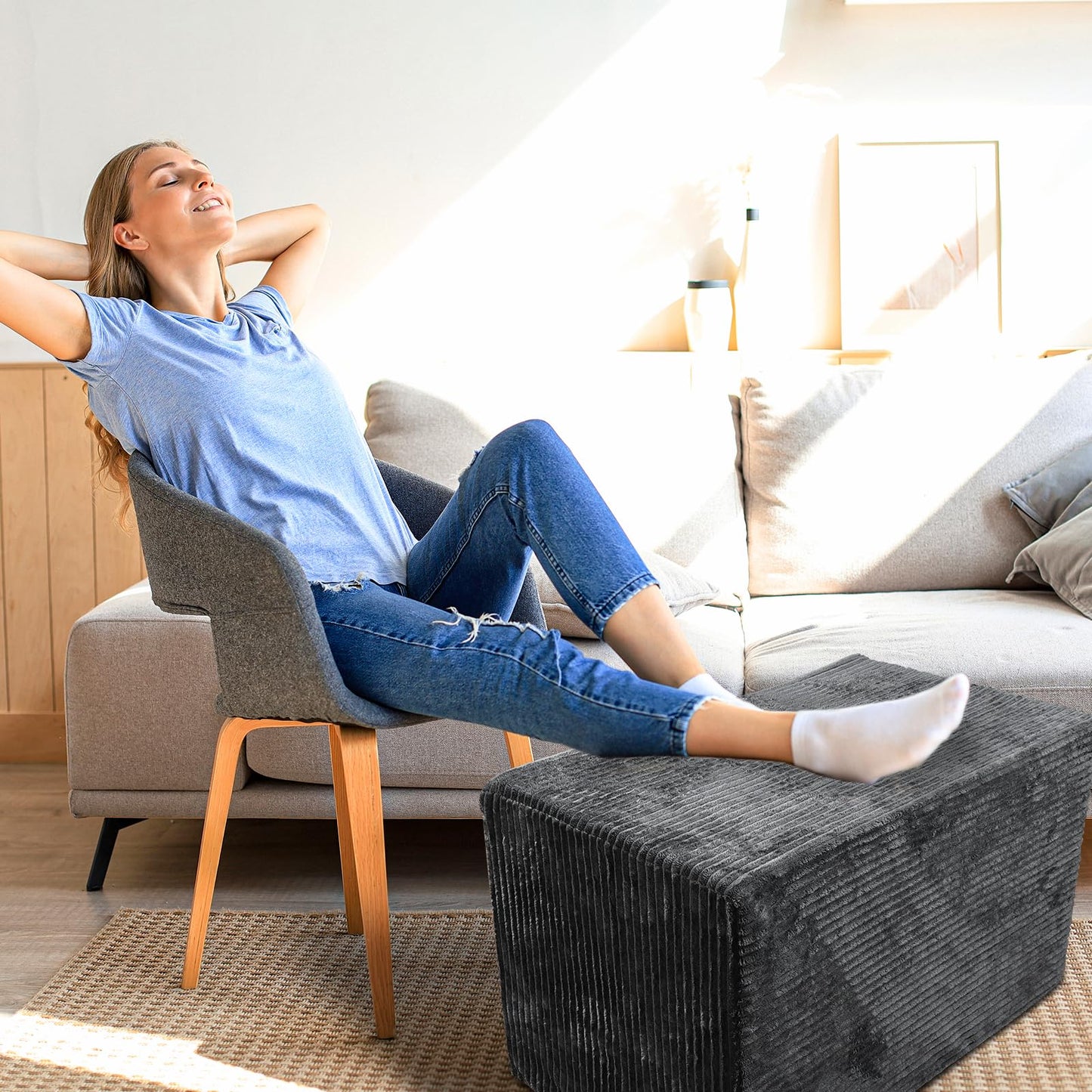 Setguopal Rectangular Pouf Ottoman, Stuffed Floor Pouf with Foam Chunk Filling, Soft Coral Fleece Furry Foot Rest Stool, Multi-Use Ottoman for Living Room, Wide Stripe Boho Decor, Dark Grey
