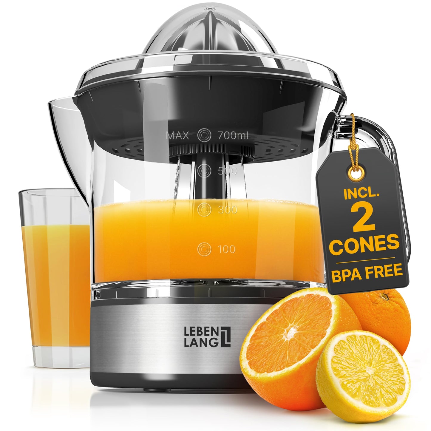 LEBENLANG Orange Juicer Electric - 2 cones & BPA-free I High juice yield & Large Volume I 24oz Lemon Juicer Squeezer I Electric Citrus Juicer Orange Juice Press Juicers Exprimidor De Naranjas Limones