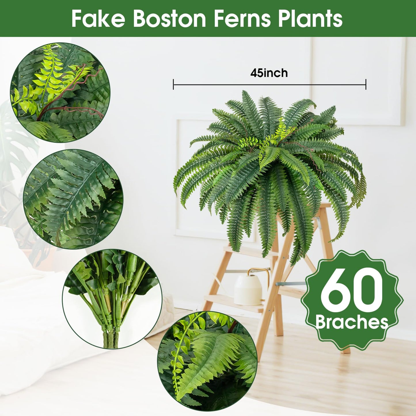 CQURE 45" Fake Ferns Artificial Plants Large,Set of 2 Artificial Boston Ferns Faux Hanging Fake Plants for Outdoors Planter Home Garden Decor,60 Branches