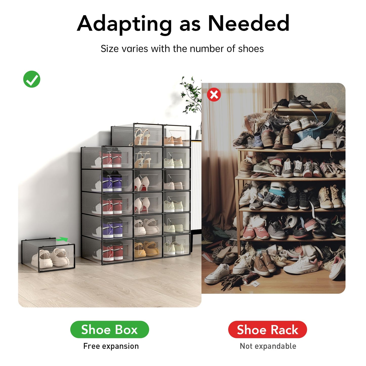Foluck X-Large Shoe Storage Box, 15 Pack Clear Plastic Stackable Shoe Organizer for Closet, Interlocking Design Shoe Container Bins for Sneakers, Foldable Shoe Rack with Lids, Black