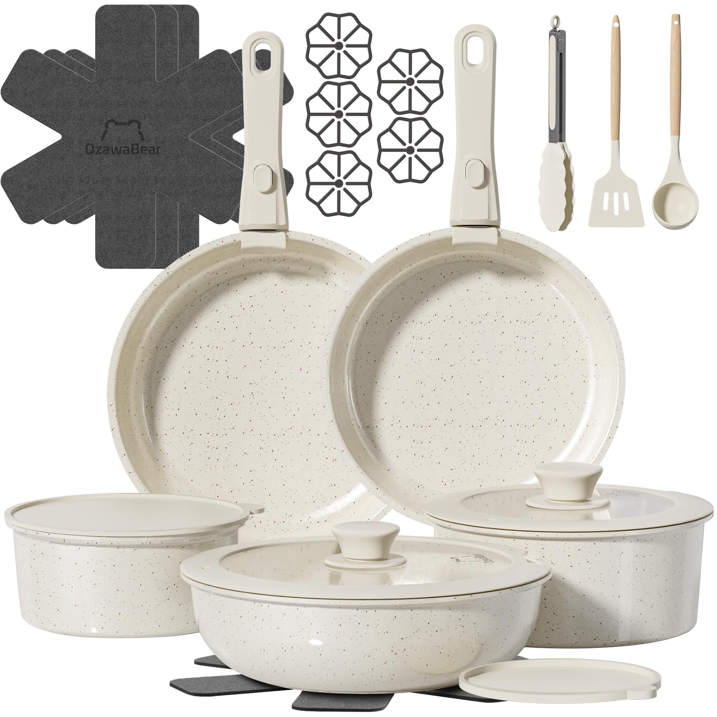 OzawaBear 23 Pcs Pots and Pans Set Non Stick, Ceramic Cookware Set Non Toxic with Detachable Handles, Healthy Induction Cookware Oven Safe RV Kitchen Set, PFAS PFOA & PTFE Free, Cream White