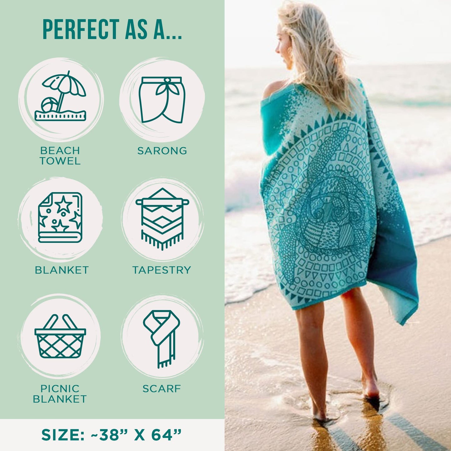 Sand Cloud Turkish Beach Towel - Sand Resistant - 100% Certified Organic Turkish Towel - Quick Dry Towel for Beach, Blanket or Bath Towel - As Seen on Shark Tank - Mandala Sea Turtle Green…