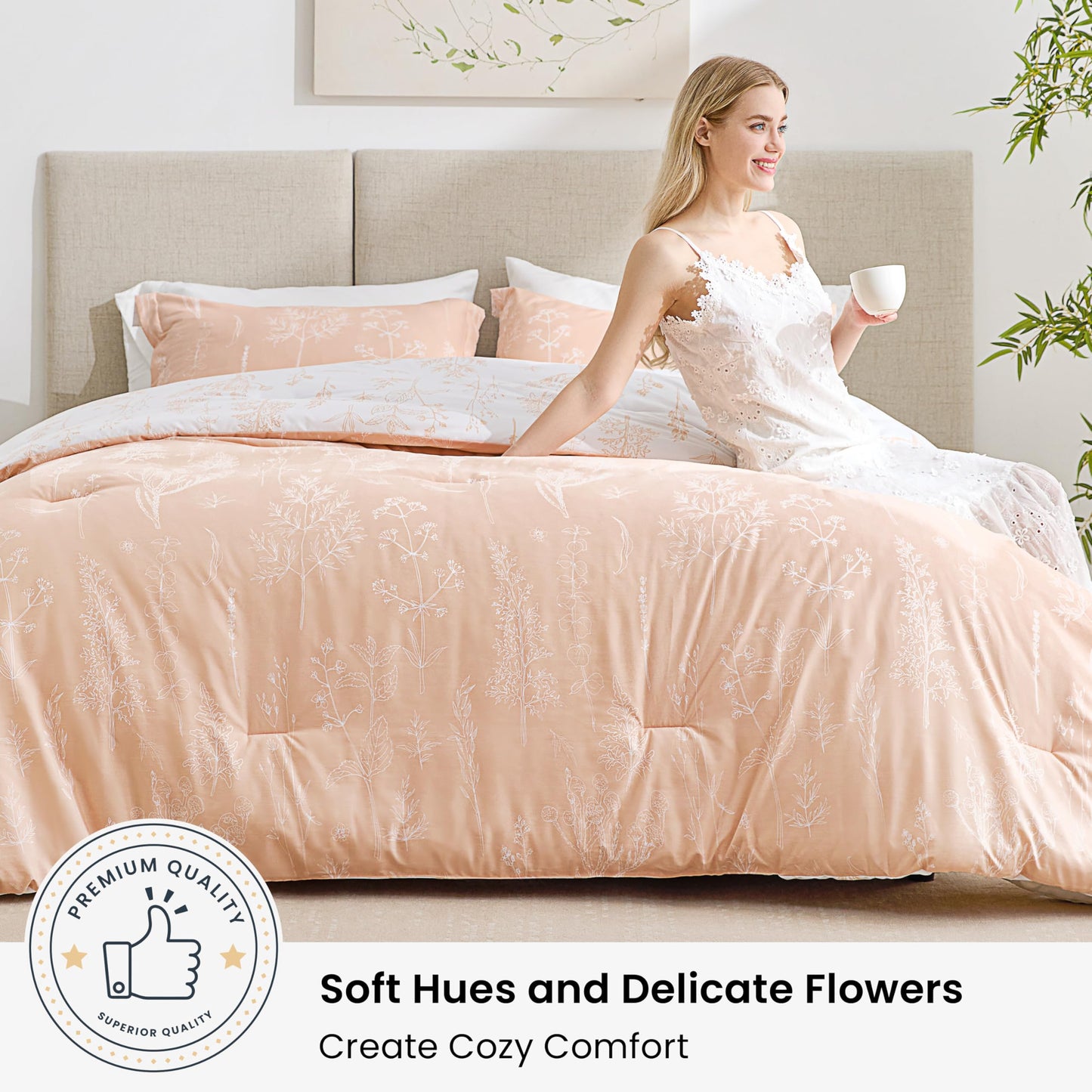 Love's cabin Pink Full Size Comforter Set - Full Comforter Set, 3 Pieces Cute Floral Bedding Sets for All Seasons,1 Soft Reversible Botanical Flowers Comforter and 2 Pillow Shams