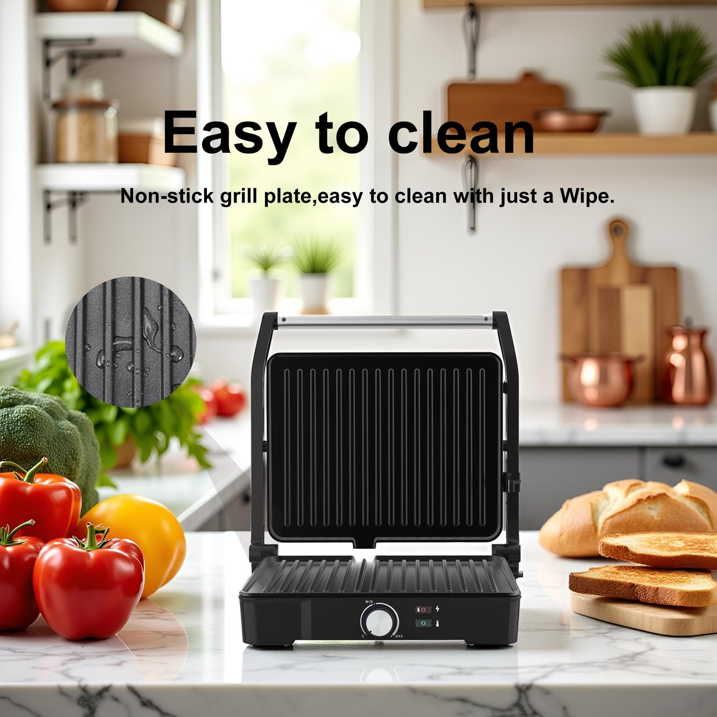 MUBENLIFE Panini Press,Sandwich Press Grill,180 Degree Open,Perfect for Grilling Sandwich,Steak,Burger,Non-Stick Grill,Table Grill,Stainless Steel,Temperature Adjustable,4 Slice,Barbecue,GT49A