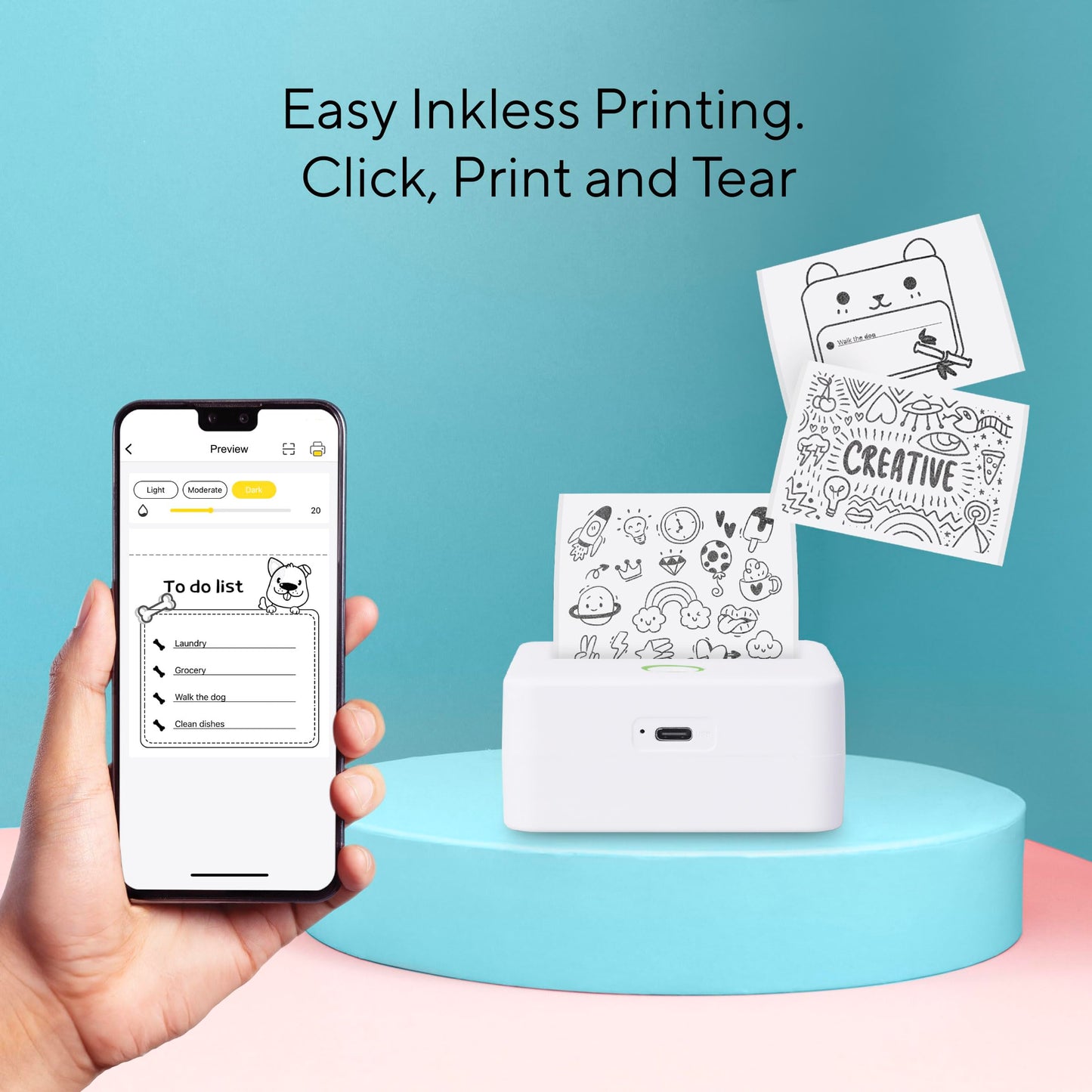 Core Innovations Mini Portable Thermal Printer, Bluetooth Inkless Pocket Printer with 3 Adhesive Rolls and 2 Non-Adhesive Rolls, Monochrome Label, Receipt and Image Printer, 200 Dpi, White