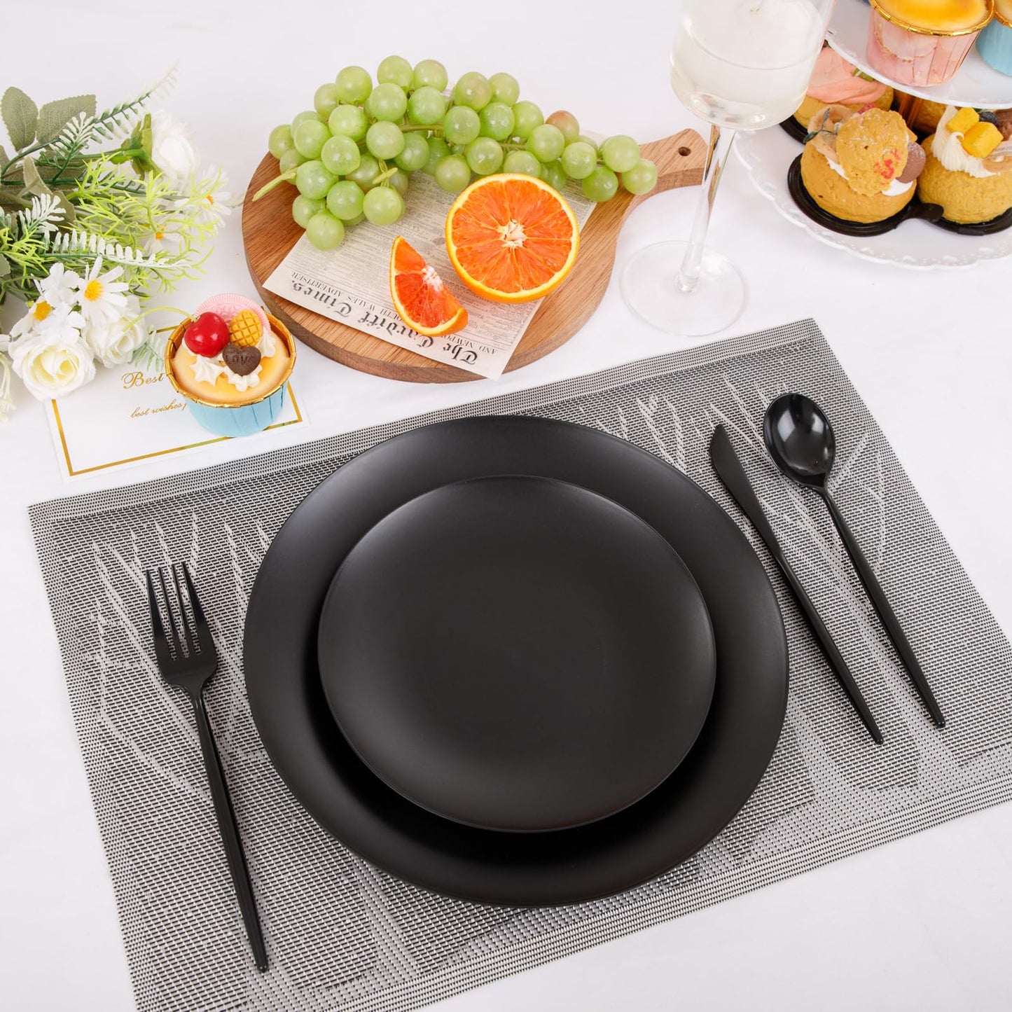EI 150pcs Black Plastic Plates Frosted Plastic Plate,Premium Heavy Duty Black Plastic Plates,Black Disposable Plates with Plastic Silverware,10.25" Dinner Plates and 7.5" Dessert Plate Wedding Party