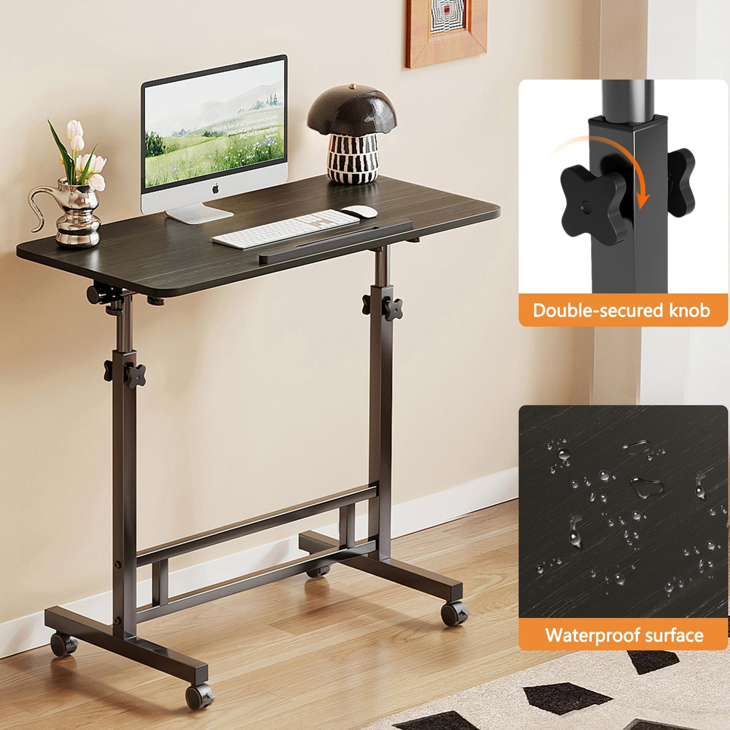 Mu Guang Adjustable Standing Desk - Rolling Portable Desk for Home Office, Black Portable Rolling Desk, Small Standing Desk with Wheels for Walking Pad, Study Room, Teacher