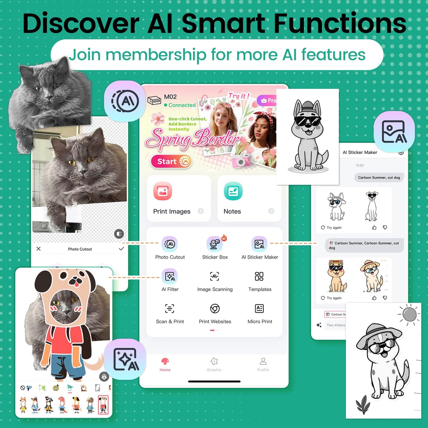 Phomemo Sticker Printer, Mini Printer Sticker Maker Machine M02, Print Pods Mini Pocket Machine for Creative DIY, Photos, Study Notes, Small Thermal Label Maker with AI APP for Home/Office/School,Cyan