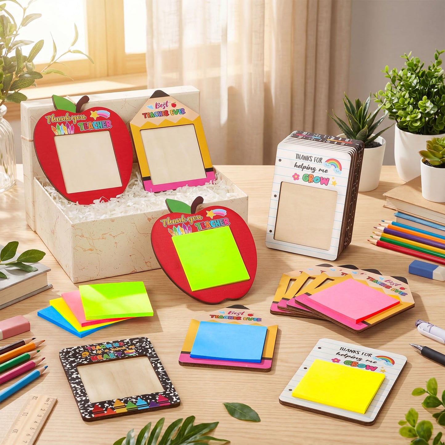 Epakh 24 Sets End of Year Teacher Gifts Bulk Sticky Note Pad Holder with Sticky Notes Thank You Teacher Appreciation Gifts Pencil Apple Composition Notebook Design for Graduation Coworker Employee