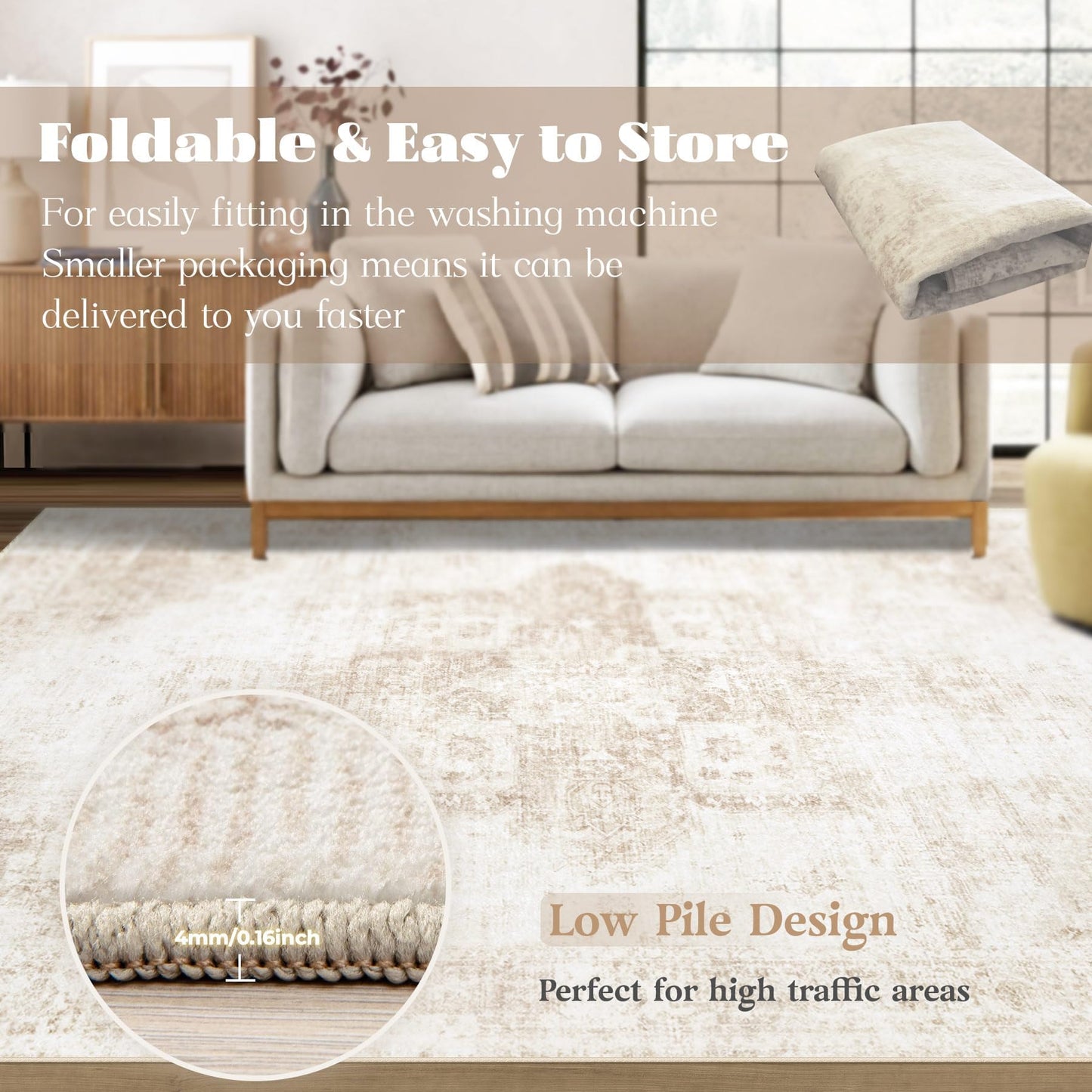 VECARF Area Rug 5x7 Washable Rug, Vintage Boho Medallion Rugs Non-Slip Soft Low Pile Large Distressed Rug Indoor Retro Carpet for Living Room Bedroom Dining Room Home Office (Beige, 5'x7')