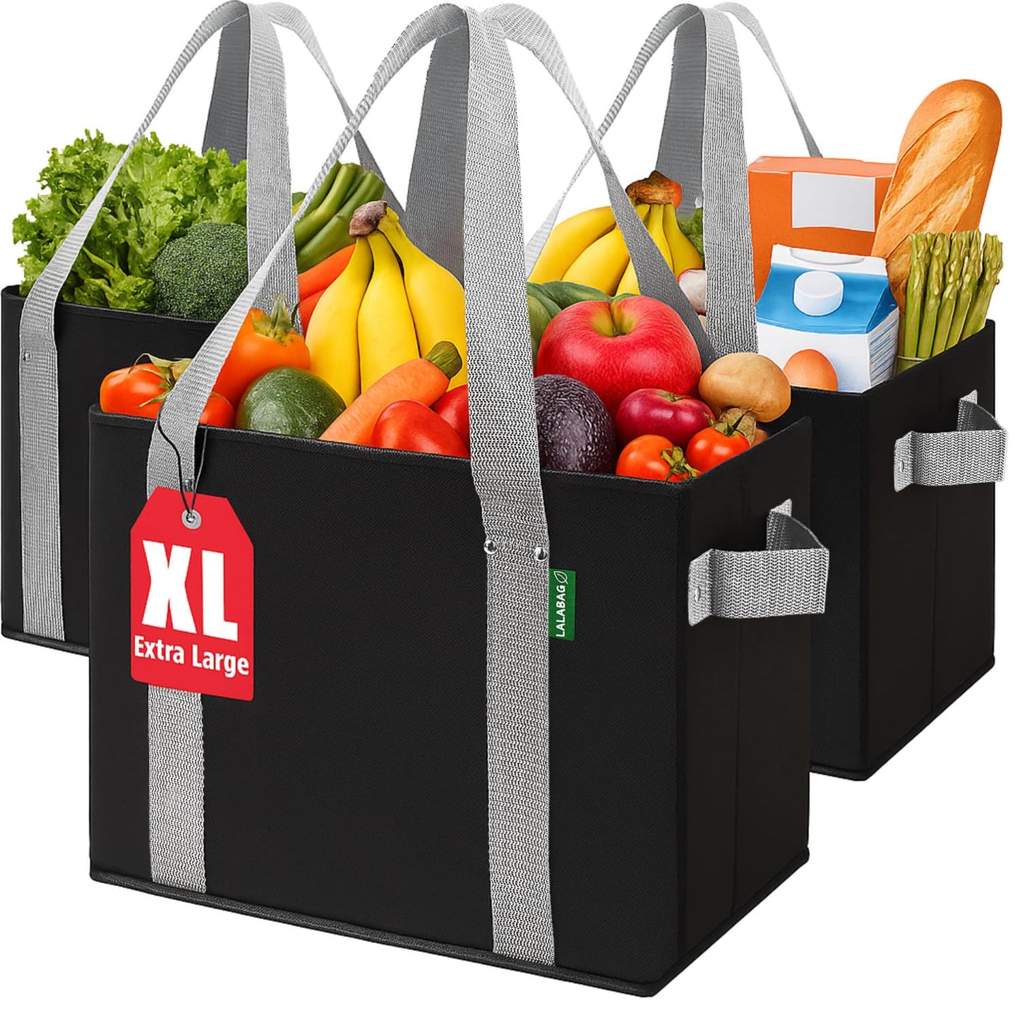 Reusable Grocery Bags (3 Pack ) - Heavy Duty Eco Tote Bags with Box Shape to Stand Up, Hold Up to 65 Lbs - Stay Open & Fold Flat - Foldable Reusable Shopping Bags with Long Handles & Hard Bottom