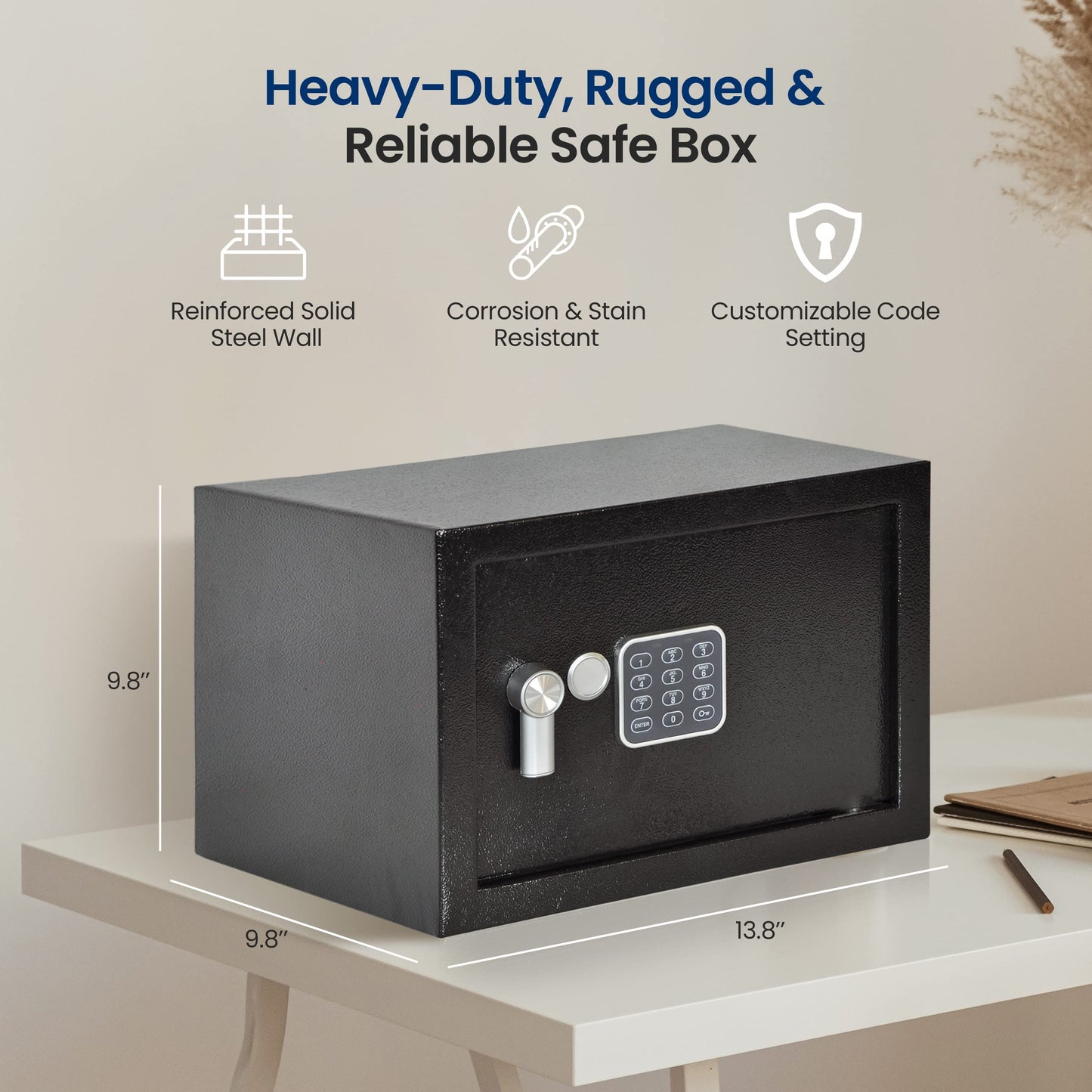 SereneLife Electronic Safe Box | Heavy Duty 13.8’’ x 9.8’’ Lockbox | Digital Keypad Code & 2 Key access | Small Money Safe for Home & Office | Secure Cash, Jewelry, Valuables | Wall & Floor Mountable