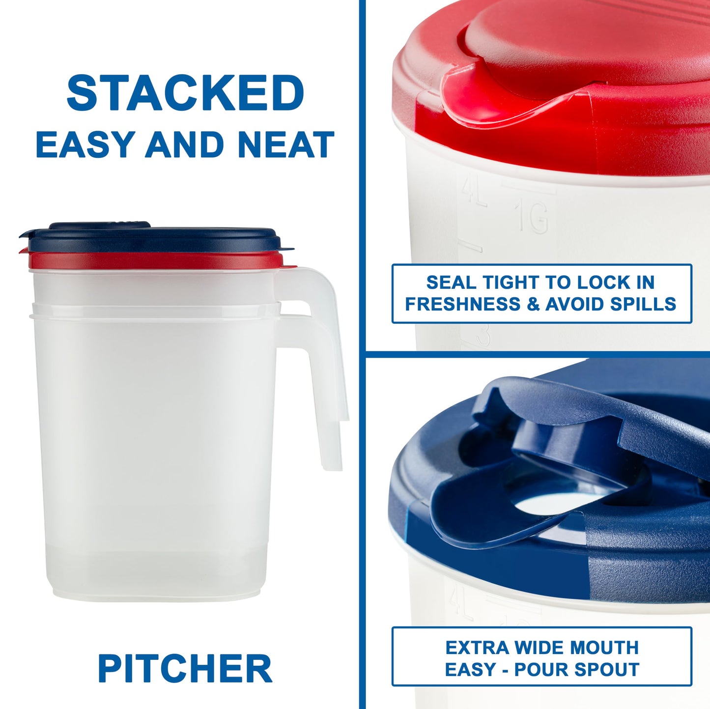 2-Pack Oval Slim Plastic Pitchers With Lids – 1 Gallon, Flip-Top Pivot Spout, Well-Gripped Handle, Water Jug, With Measuring Option, Ideal for Water, Juice & Iced Tea (Blue & Red) BPA Free