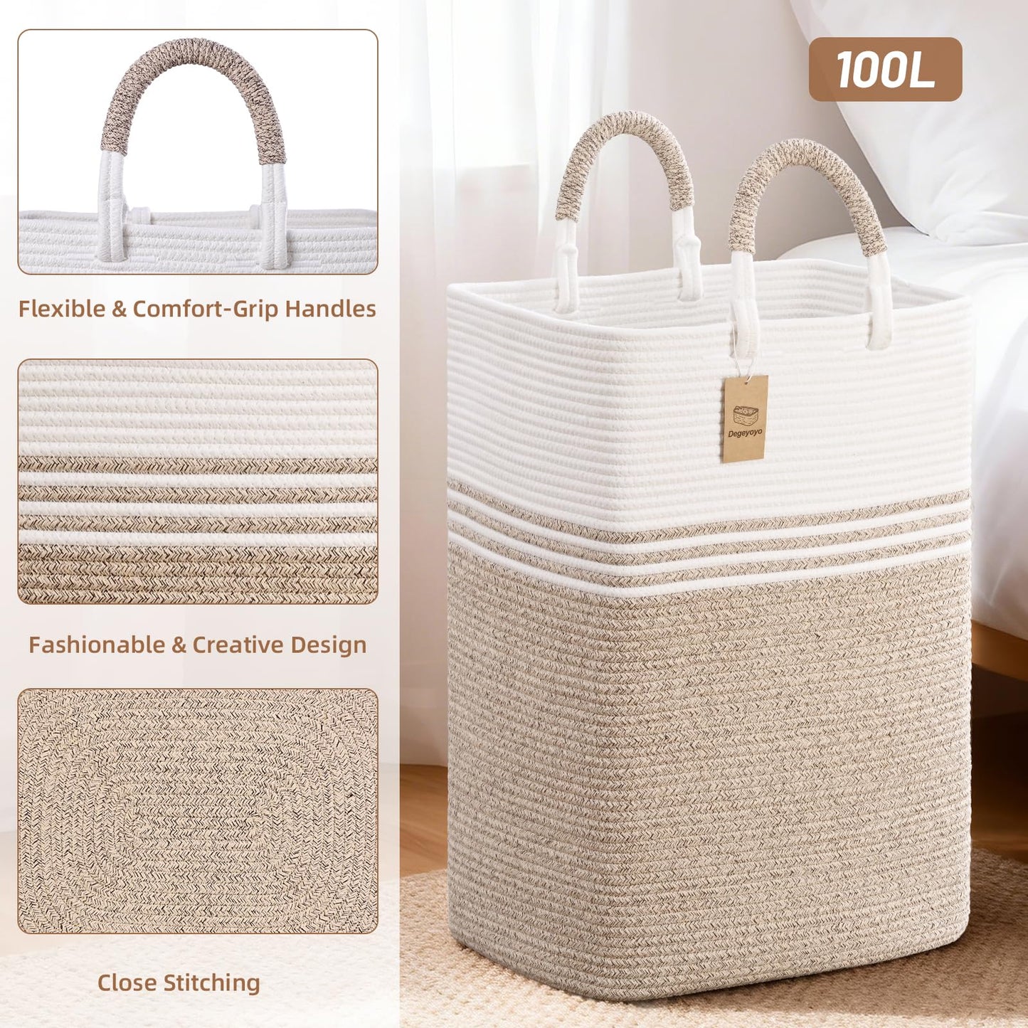 Laundry Basket Hamper,Blanket Storage,Dirty Clothes Hamper with Swivel Handles,Woven Cotton Rope Toy Baskets,Blanket Basket Living Room,Decorative Hampers for Nursery,Bedroom,White & Linen,100L