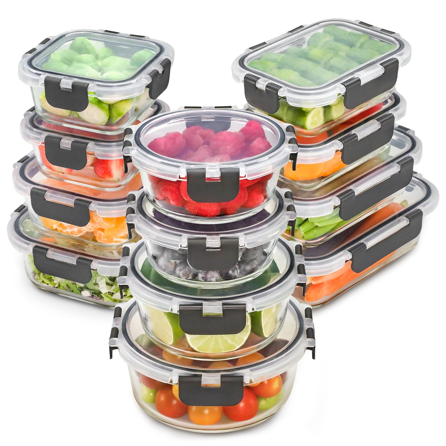 Freshware Glass Storage Containers with Lids, 24 Pieces, 12 Containers with 12 Lids, Glass Meal Prep Container for Lunch, Food Storage Containers, Leak Proof, Freezer Safe, Gray