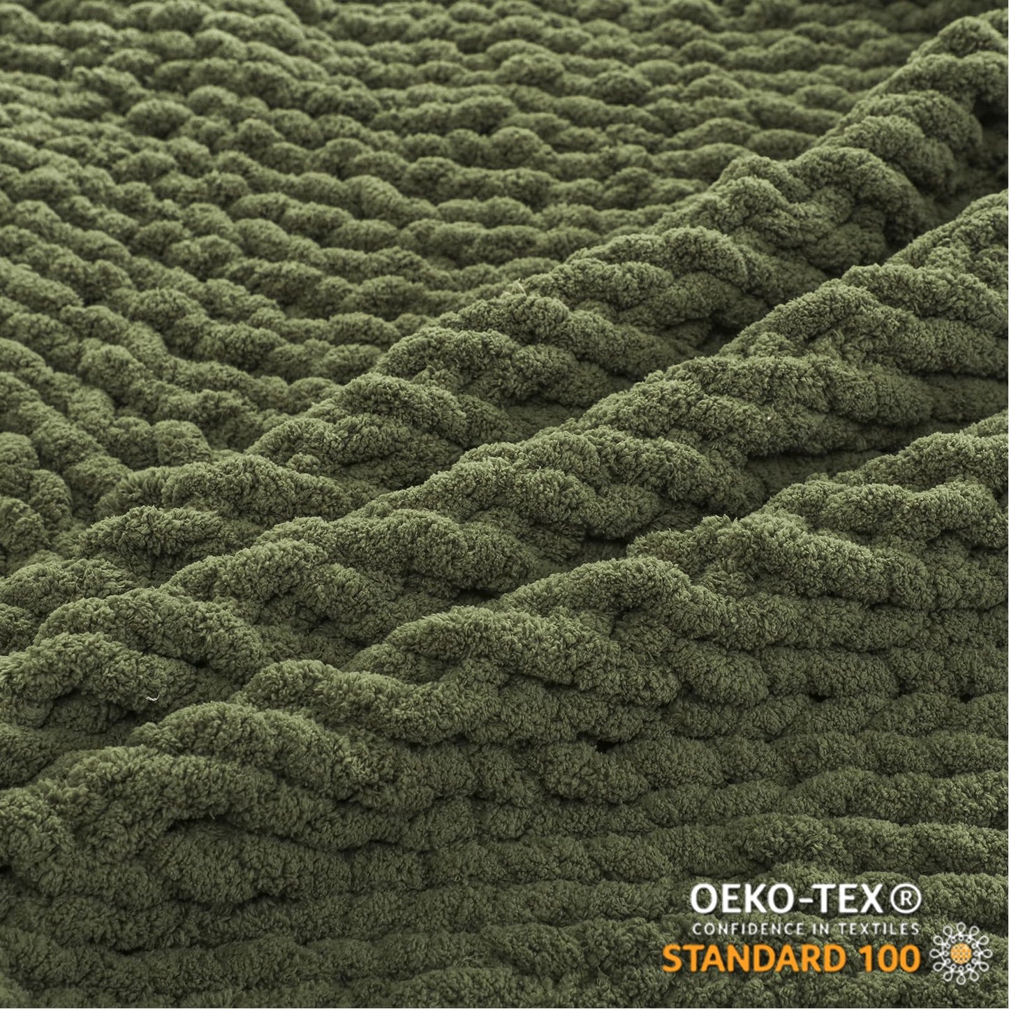 WESHIONGOO Chunky Knit Blanket Throw 51"×63" Knitted Throw Blankets for Couch Bed Fluffy Soft Blanket with Jumbo Chenille Yarn Thick 100% Handmade (Olive Green)