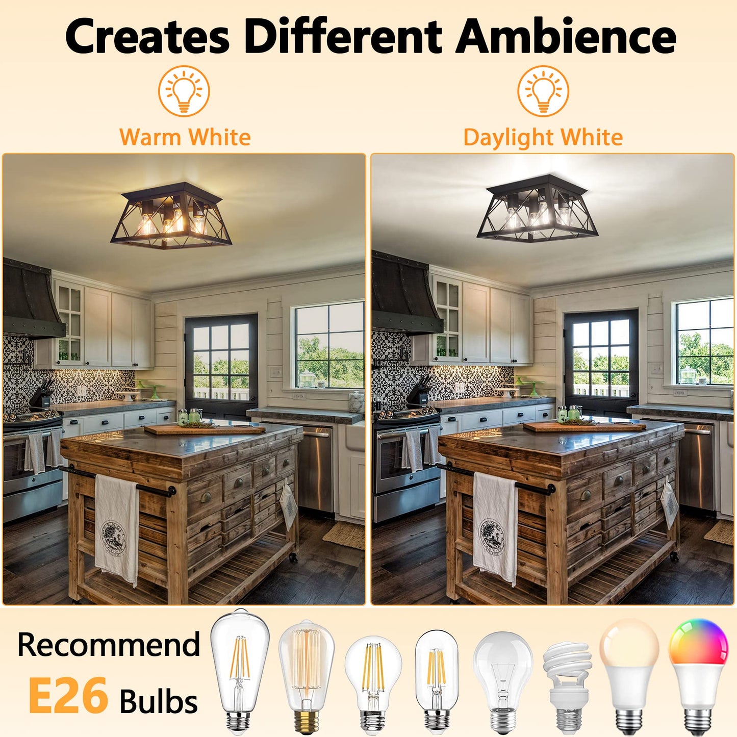 FadimiKoo 4-Light Black Flush Mount Ceiling Light for Kitchen Hallway, Industrial Close to Ceiling Lighting, Farmhouse Square Cage Lamp for Dining Room, Living Room, Bulb Not Included