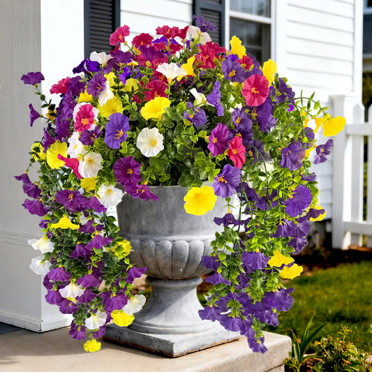 TSTWETO Artificial Flowers for Outdoors, 4 Pcs Fake Hanging Plants UV Resistant Faux Silk Flowers Morning Glory 5 Colors Eucalyptus Leaves Look Real for Outside Porch Planter Home Decor