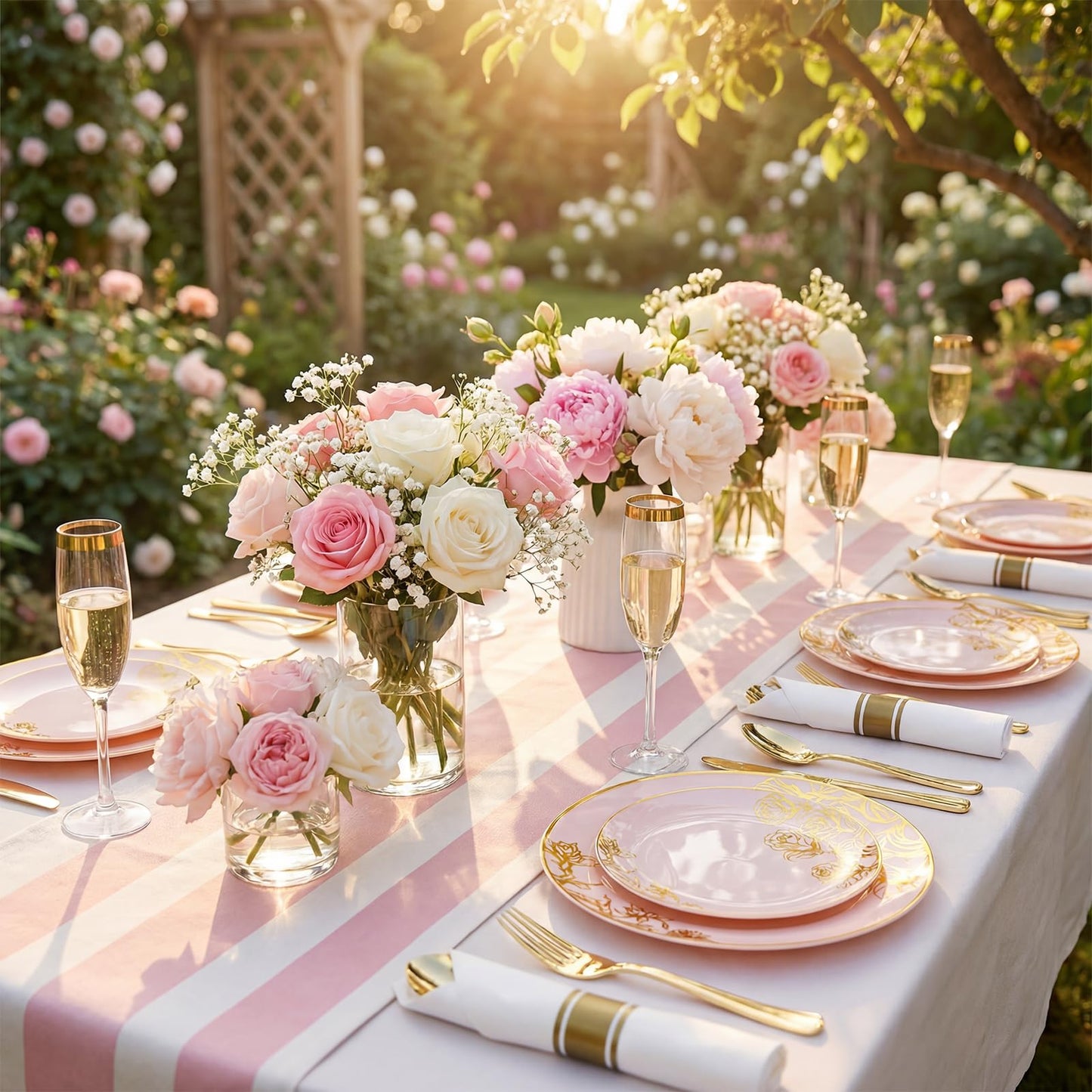 DaYammi 210Pcs Pink Plastic Plates,Pink Gold Floral Disposable Dinnerware Set-30 Dinner Plate,30 Salad plate,30 Per Rolled Napkins with Gold Cutlery,30 Cups,Fancy Party Plates for Wedding Party