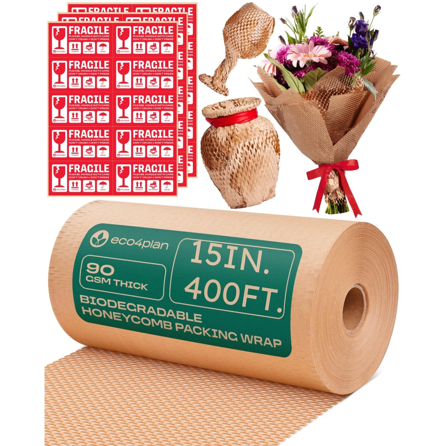 eco4plan Honeycomb Packing Paper | Extra Thick 90 GSM Packing Wrap | Biodegradable Packing Materials: 15” x 400’ Moving Paper + 30 Fragile Stickers | Paper Bubble Wrap/Packing Bubbles Substitute