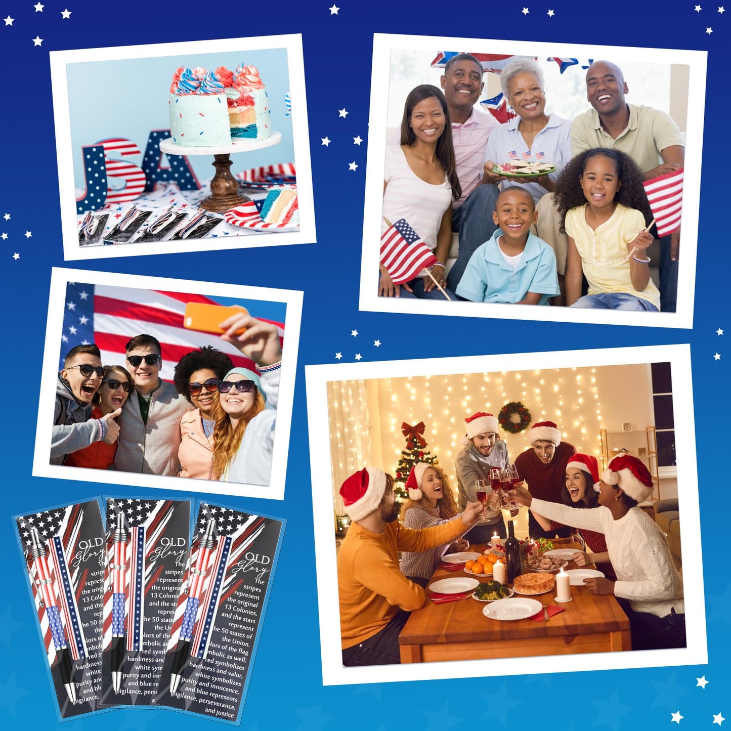 Sayglossy 60 Sets/180 Pcs 4th of July Party Favors 250th Anniversary Flag Ballpoint Pens Silicone Wristband Bookmarks Patriotic Souvenir for 1776-2026 Commemorative Memorial Veteran Independence