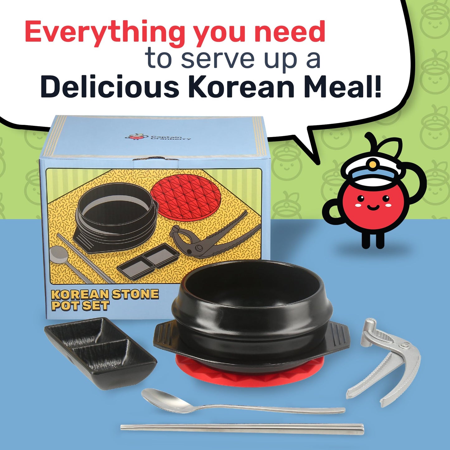 Captain Cranberry Korean Stone Pot Set (7-piece, 38.7oz with Hot Pot Grip), Ttukbaegi, Dolsot, Korean Soup Bowl, Ceramic Pots for Cooking, Soup Pot, Earthenware Claypot, Bibimbap, Ramen