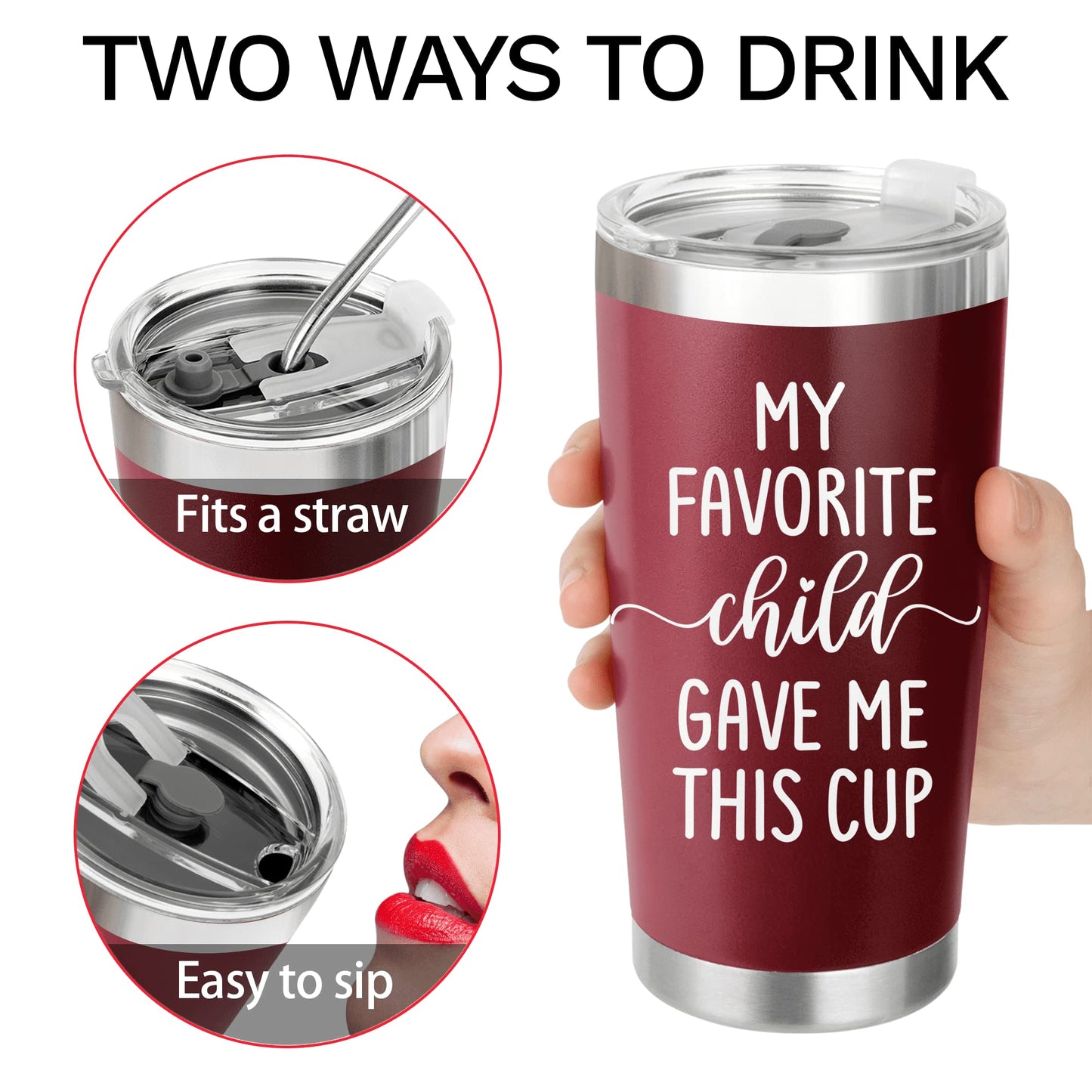 Mothers Day Gifts for Mom from Daughter, Son, Kids, Husband - Funny Mom Gift - Mama Coffee Cup My Favorite Child Gave Me This Cup - Valentine, Birthday Gift Idea - 20oz Stainless Steel Red Tumbler