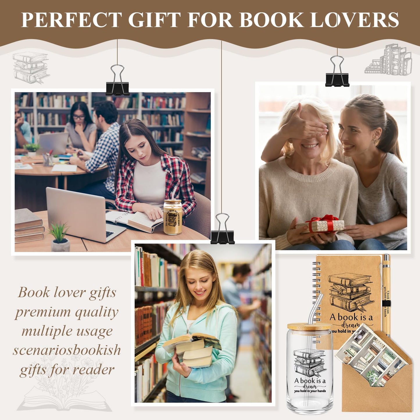 AmazingSpark 6 Sets Book Lovers Gift Bulk Book Club 16 oz Glass Cup Spiral Journal Notebook Bamboo Pen Card Envelope for Bookish Reader Teacher Student Librarian Graduation Appreciation Gift (Classic)