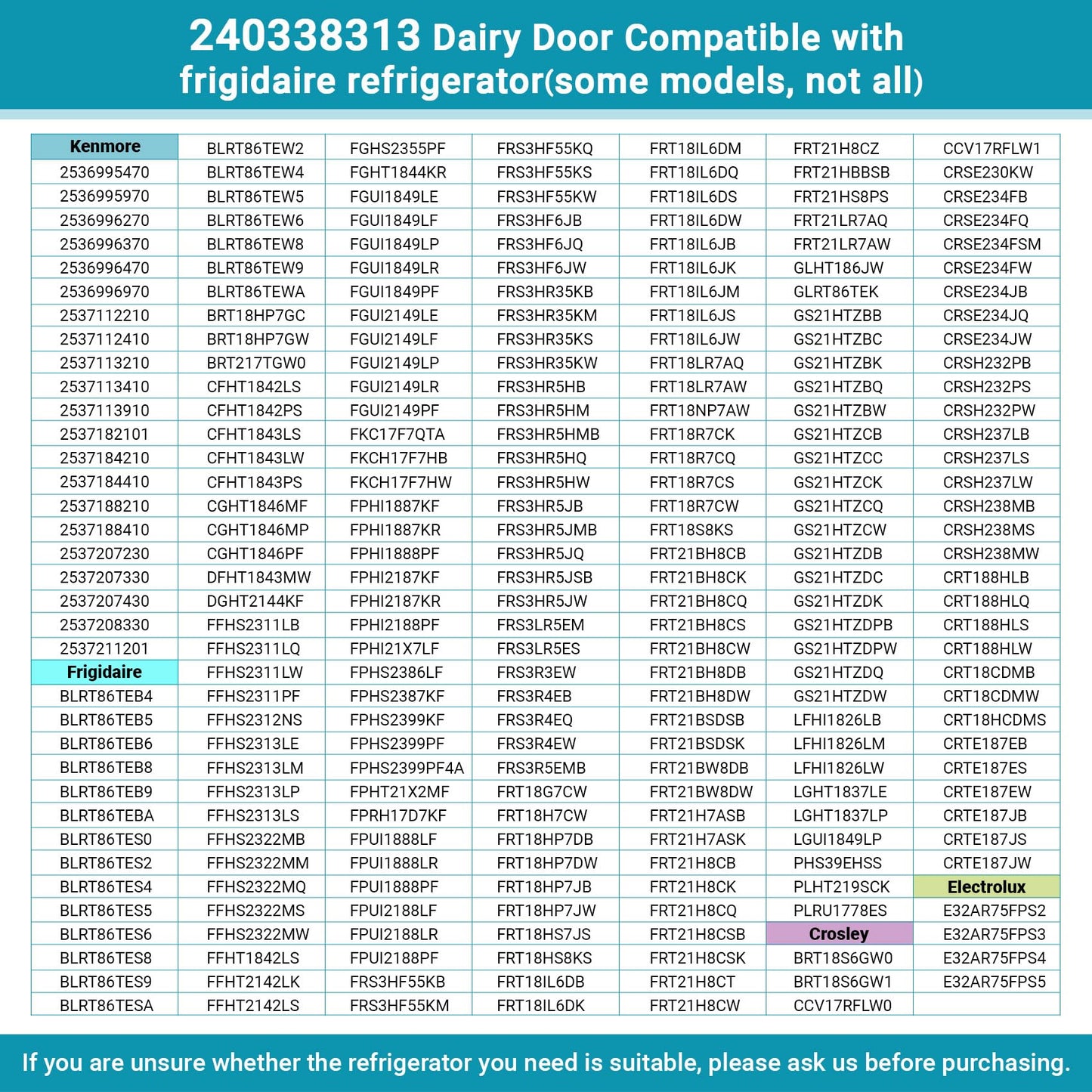 240338313, 240338303 Refrigerator Dairy Door Compatible with frigidaire, kenmore, electrolux, crosley Fridge. Replace Dairy Bin Cover 240338305 240338316 1196369 240338310 240338311 240338322 etc.