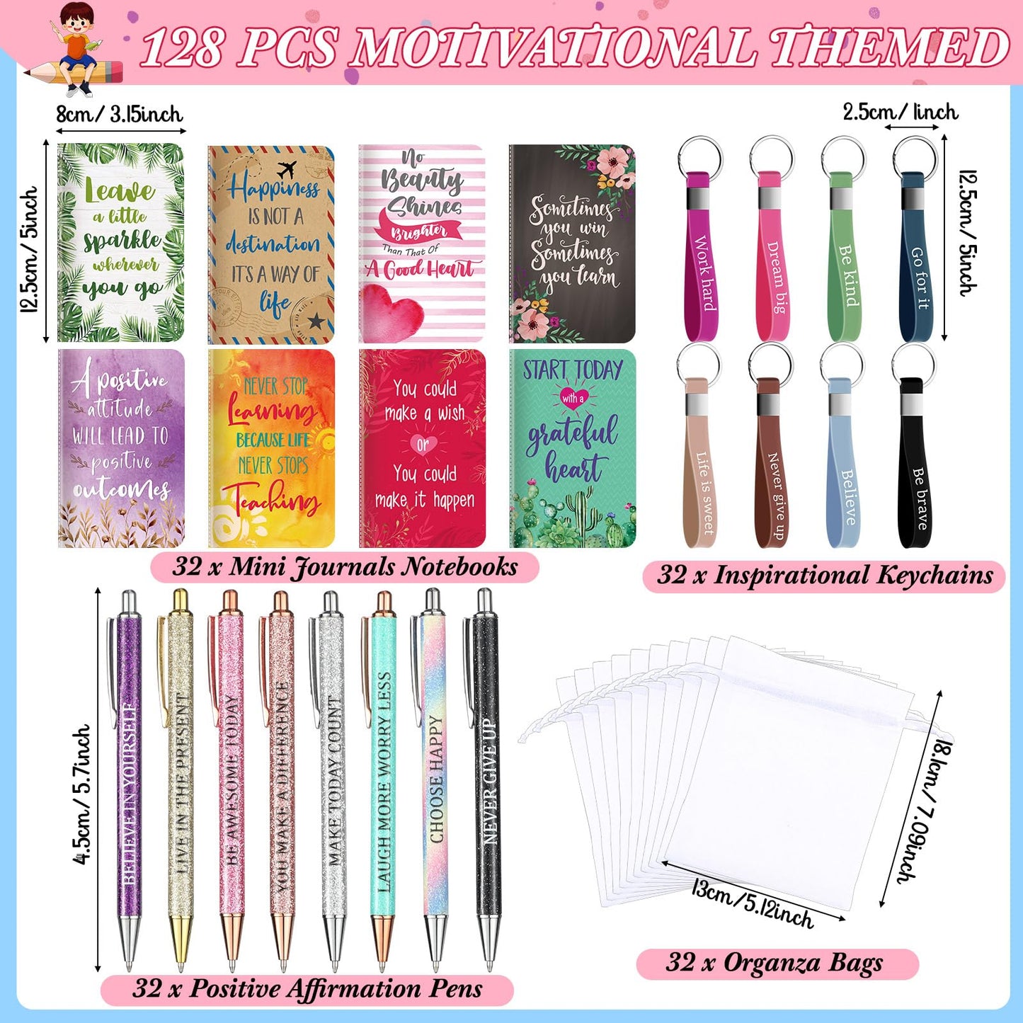 Pajean 128 Pcs Inspirational Gifts Bulk Motivational Notebooks Journal Ballpoint Pens Positive Keychains Organza Bags for Students Teachers Employee School Office Prizes Favors Supplies (Stylish)