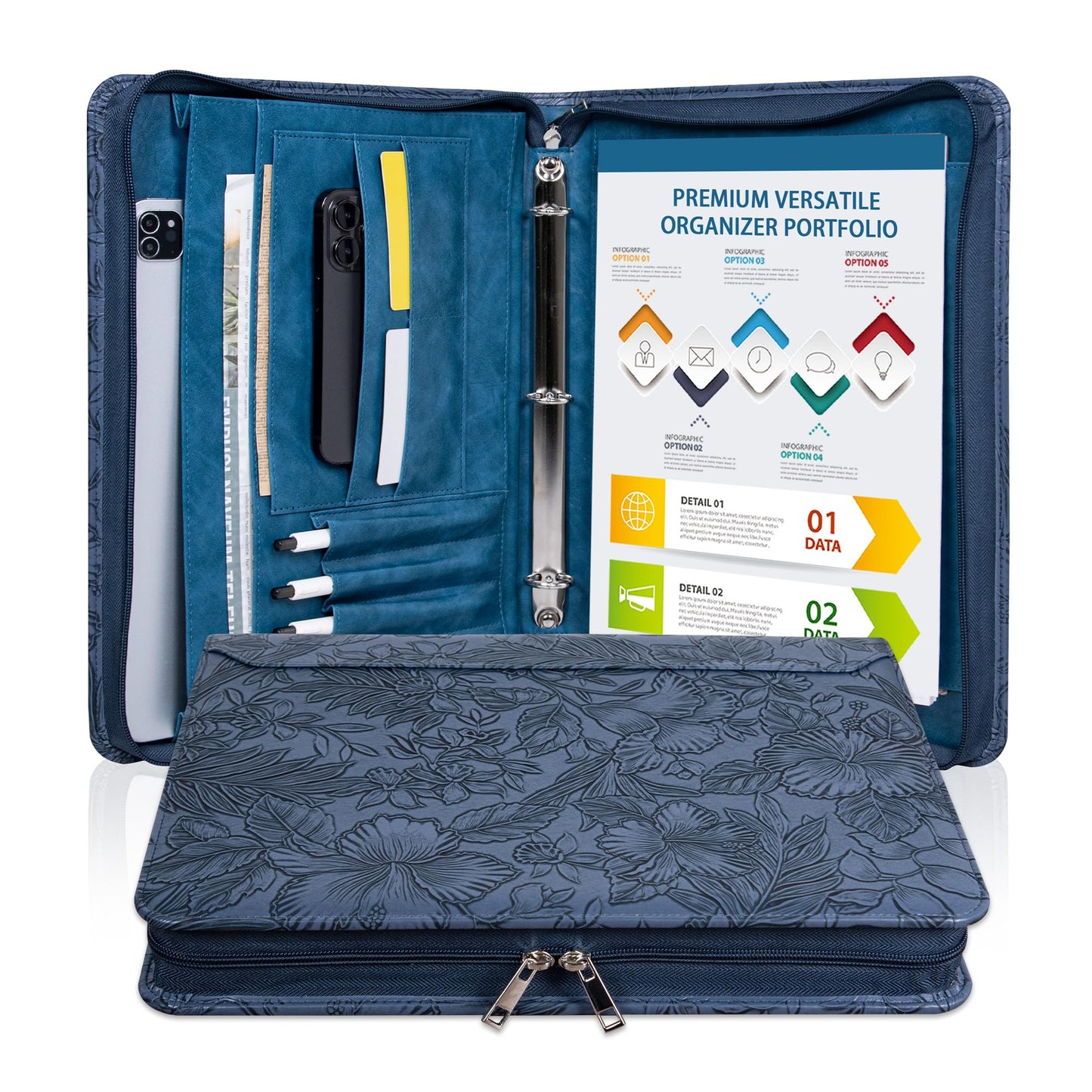 Dark Blue Embossed Vegan Leather Portfolio for Women, 3 Ring Portfolio Binder with Zipper, A4 Planner Binder with Laptop Pocket, Padfolio Legal Size,WorkBinder Organizer for Women