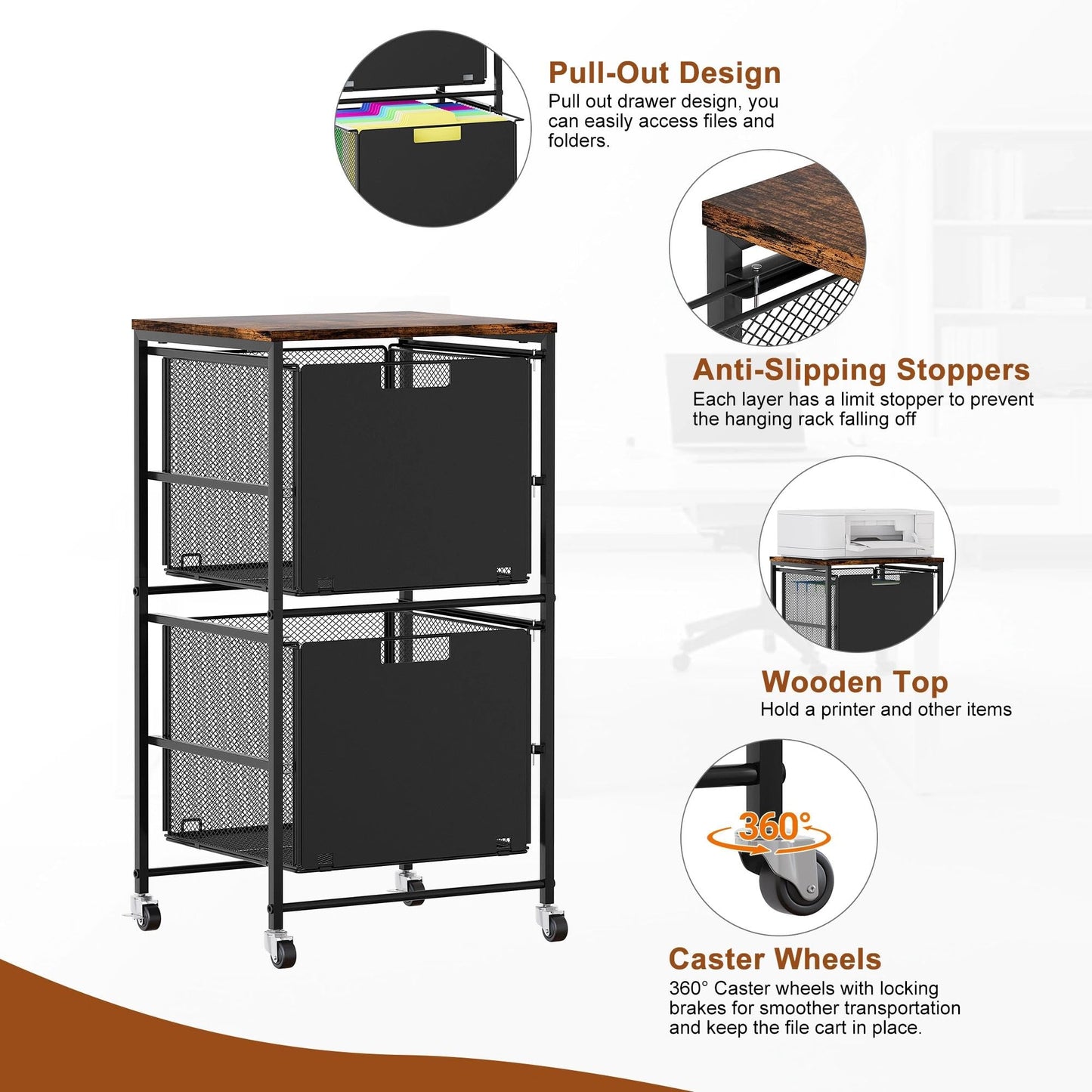 EasyPAG Rolling Storage Cart with 2 Drawers, Under Desk File Cabinet on Lockable Wheels, Movable Letter Size Hanging File Folder Organizer with Wooden Printer Stand for Home Office, Black