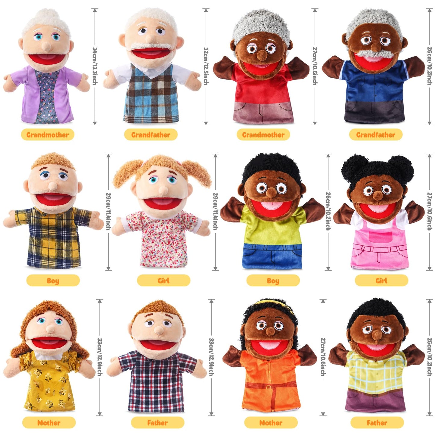 12 Pcs Family Hand Puppets 12 Inch Grandparents Mom Dad Brother Sister Plush Toys Role-Play Toy Puppets for Kids Storytelling Imaginative Pretend Play Teaching Preschool(Multicultural Family)