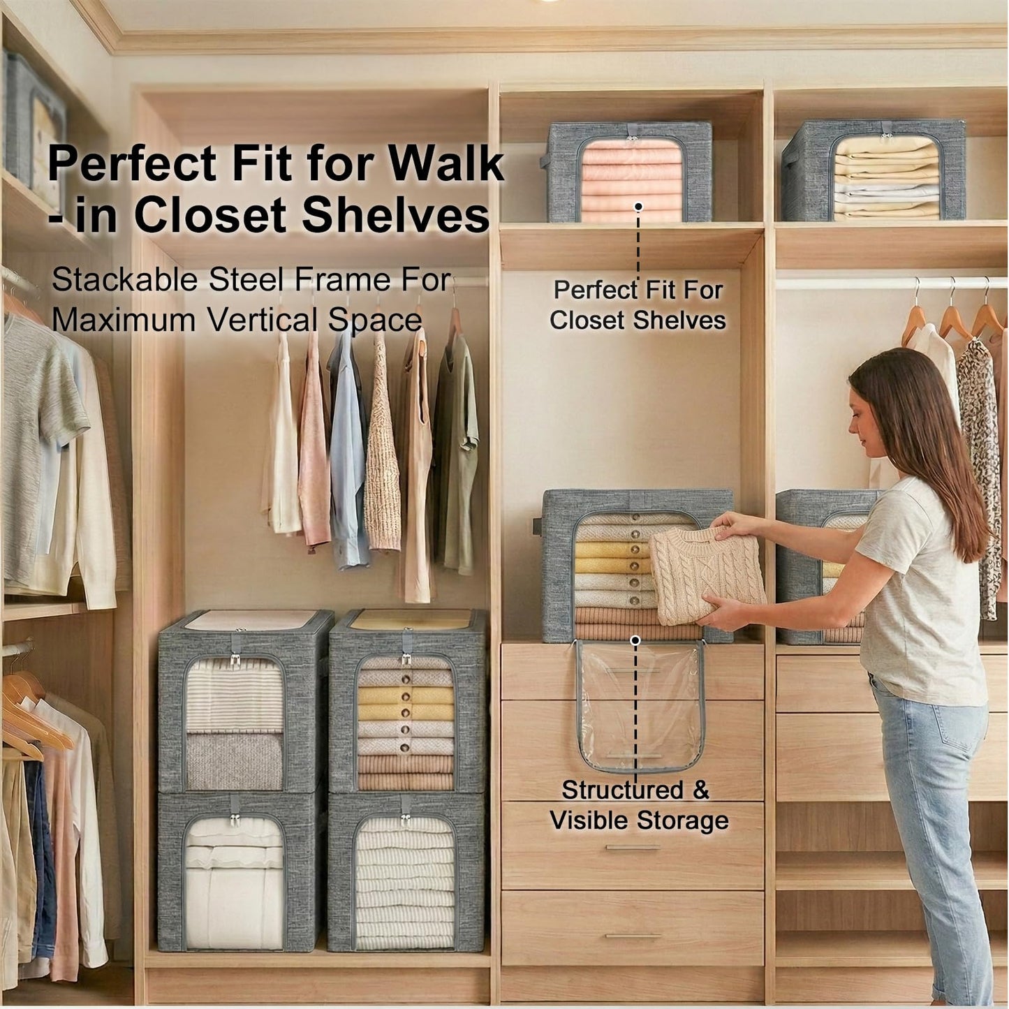 GoMaihe Clothes Storage Bin with Metal Frame: 6-Pack Stackable Closet Storage Bin with Lid & Clear Window, Sweater Boxes Storage for Closet Bedding Clothing Storage Organizer 40L