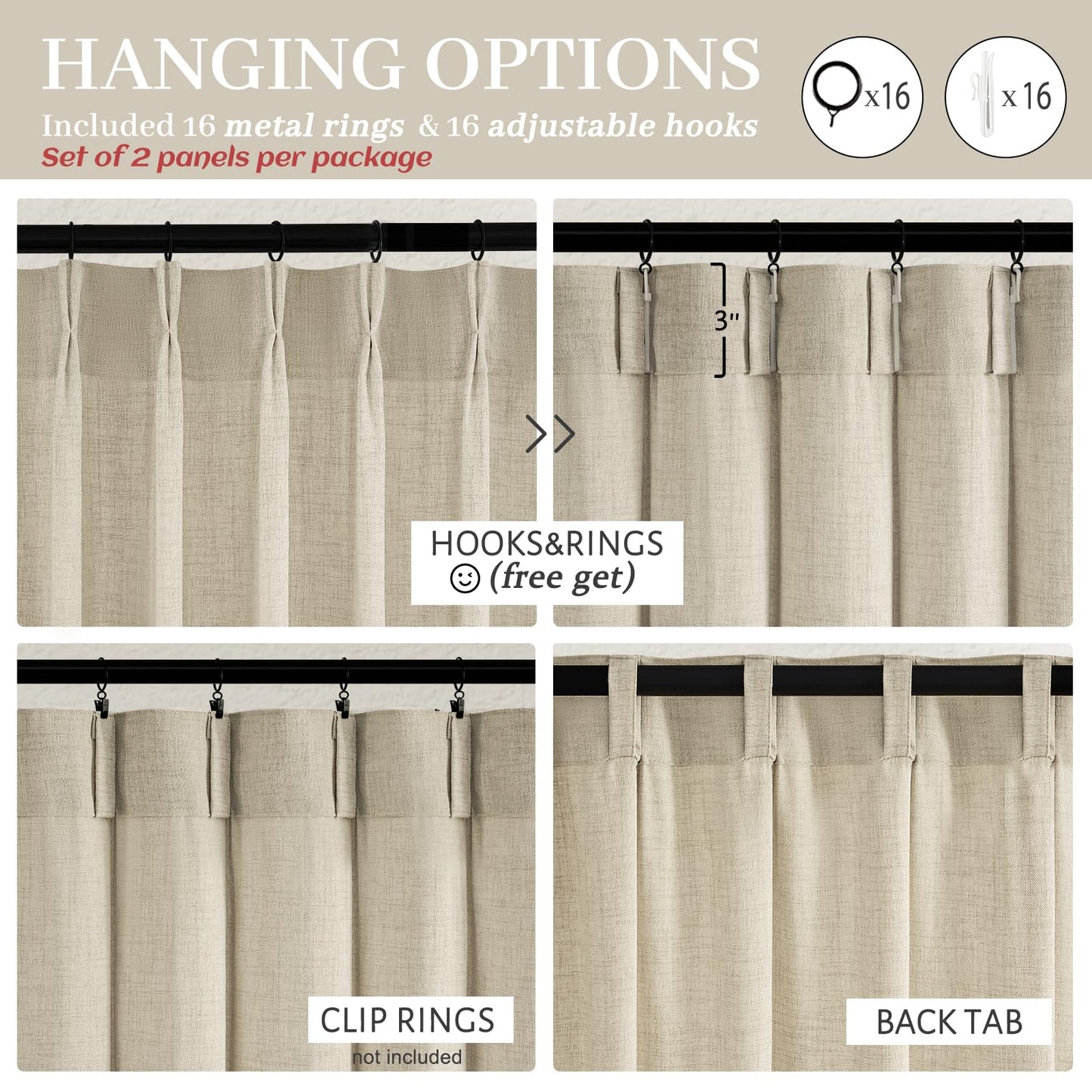 Warm Beige Thick Linen Blend Sheer Curtains 96 Inches Long for Living Room 2 Panels Set, Pinch Pleat Modern Farmhouse Burlap Windows Curtain for Dining Room Light Filtering Drapes with Hook Ring Brown