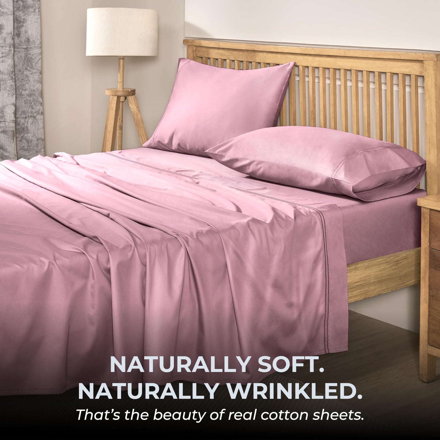 Mayil Manor 100% Natural Cotton Sheets Queen Size Bed Set | 500 TC Single-Ply Sateen Weave | Soft, Breathable, Hypoallergenic Solid 4-Piece Bedding with Deep Pocket Fitted, Flat, Pillowcase | Blush