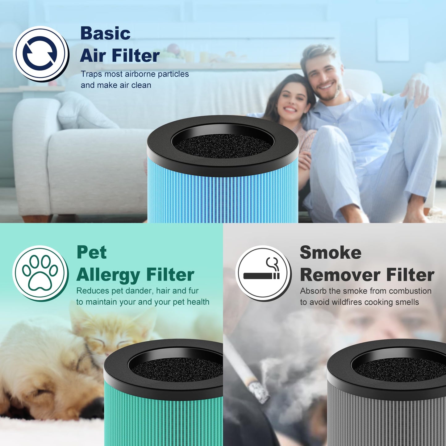MK01 & MK06 Air Filter Replacement Compatible with AROEVE MK01 MK06, ToLife TZ-K1, VOOPNU DH-JH12 and Kloudi DH-JH01 Air Purifier, Pet Dander Version, 4 Pack, Green, For Home Pets Bedroom Office Wild