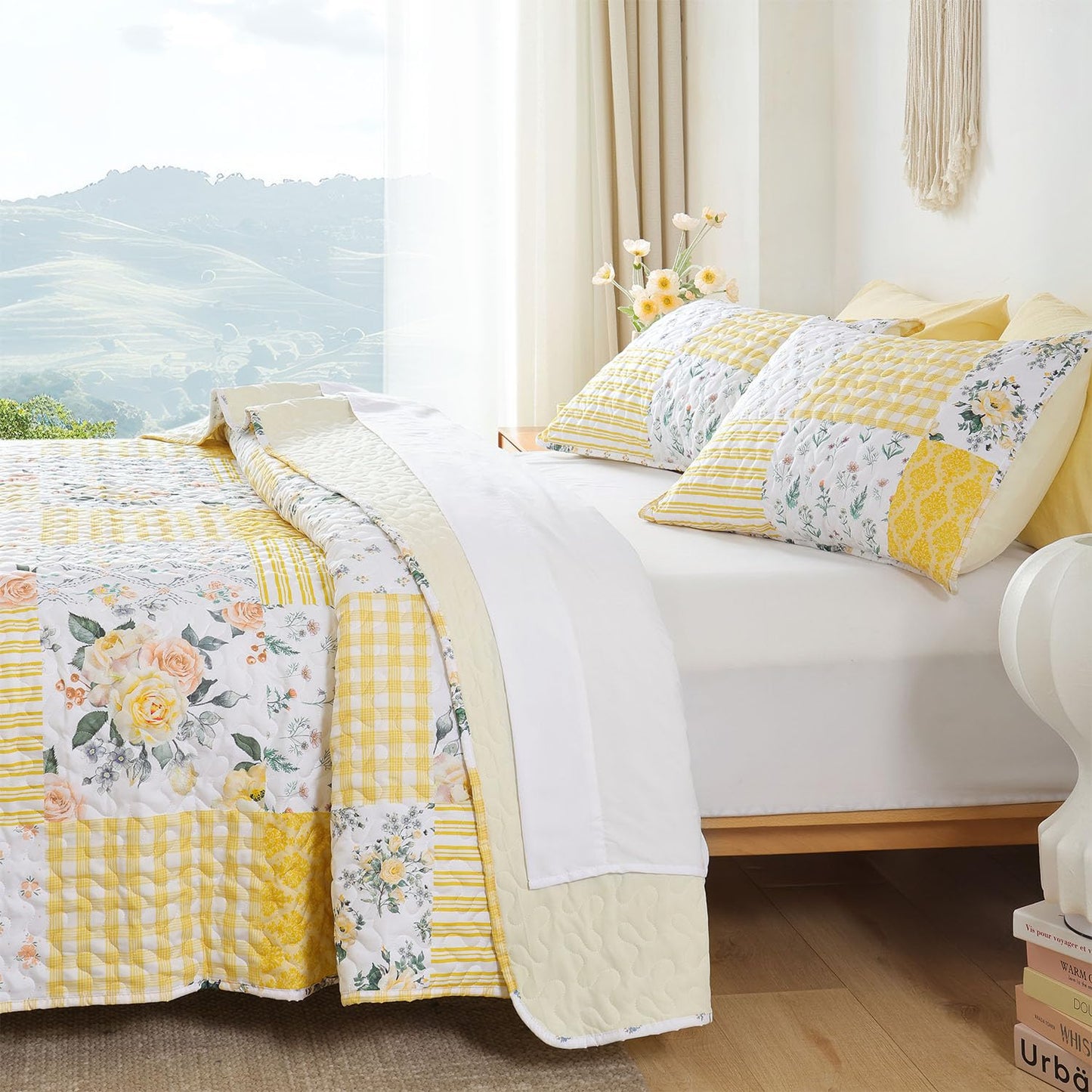 YIKUSH Floral Quilt Set King Size – Ultra Soft Lightweight Bedspread, 3 Piece Yellow Bedding Set (104"x90") with Pillowcases (20"x36"), All Season Coverlet for Bedroom & Guest Room