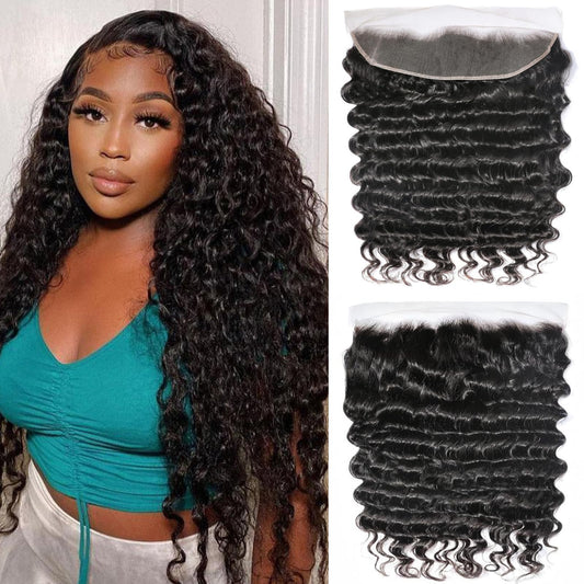 12A 13x4 HD Lace Frontal Human Hair 18 Inch Deep Wave Frontal Pre Plucked with Baby Hair 200% Density Ear to Ear 13x4 HD Lace Closure 100% Virgin Deep Wave Human Bundles Free Part Natural Black Color